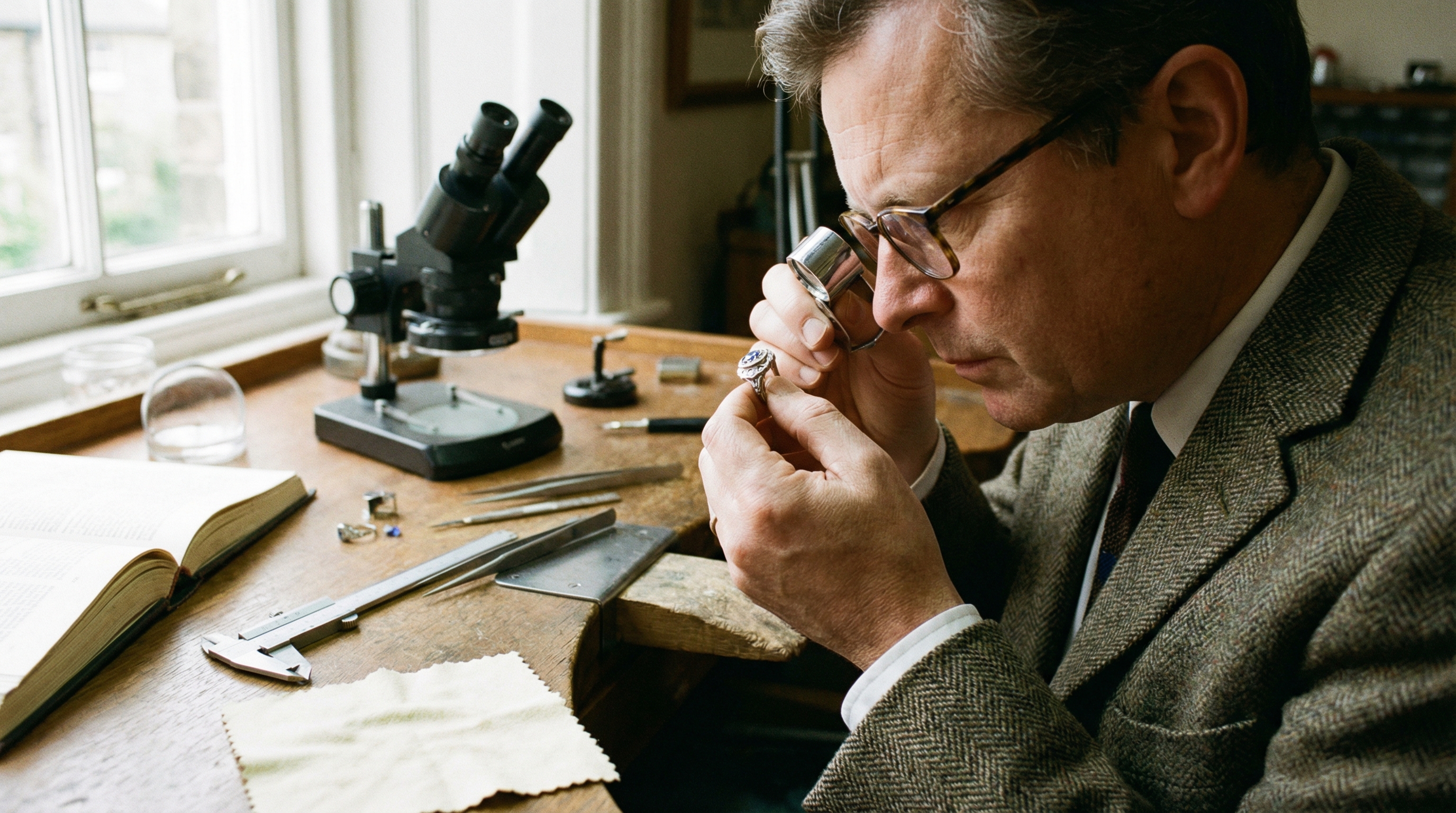 Professional appraiser examining vintage ring with loupe and tools