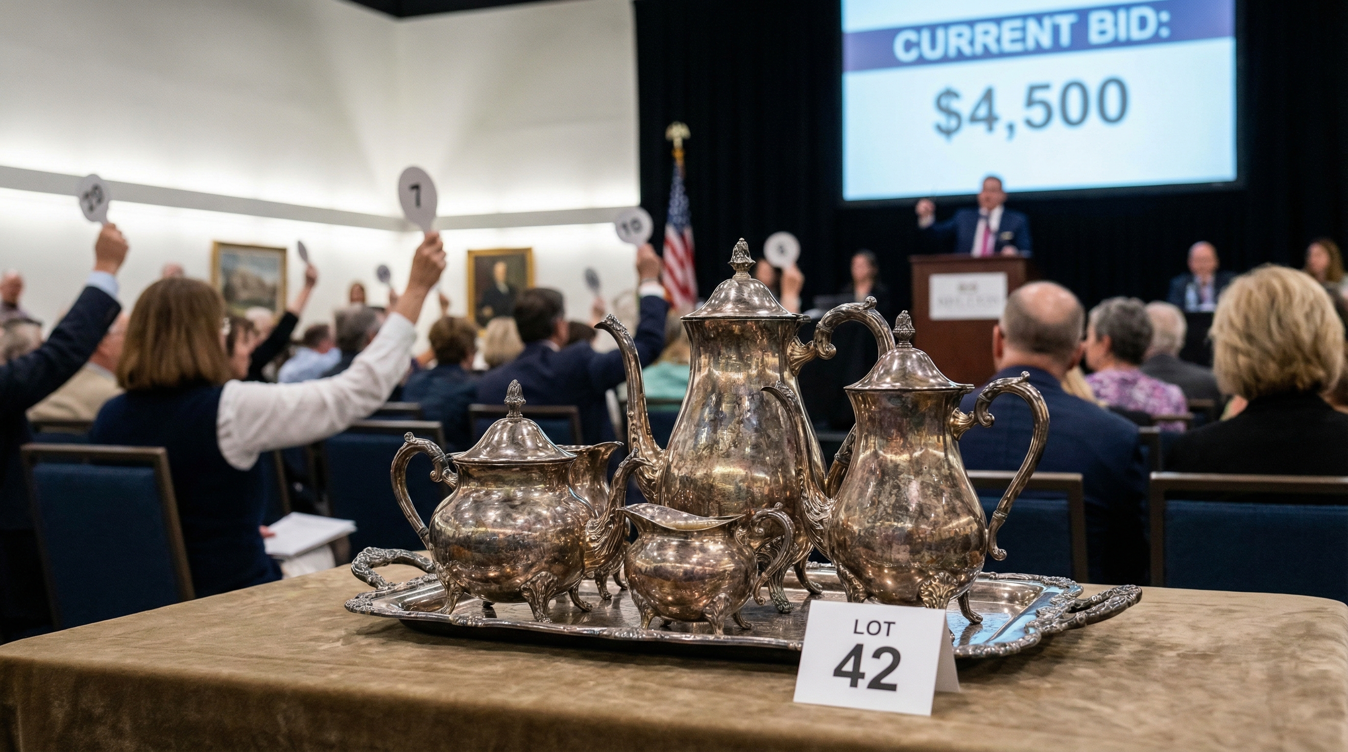 antique silver tea set at auction with bidders in background