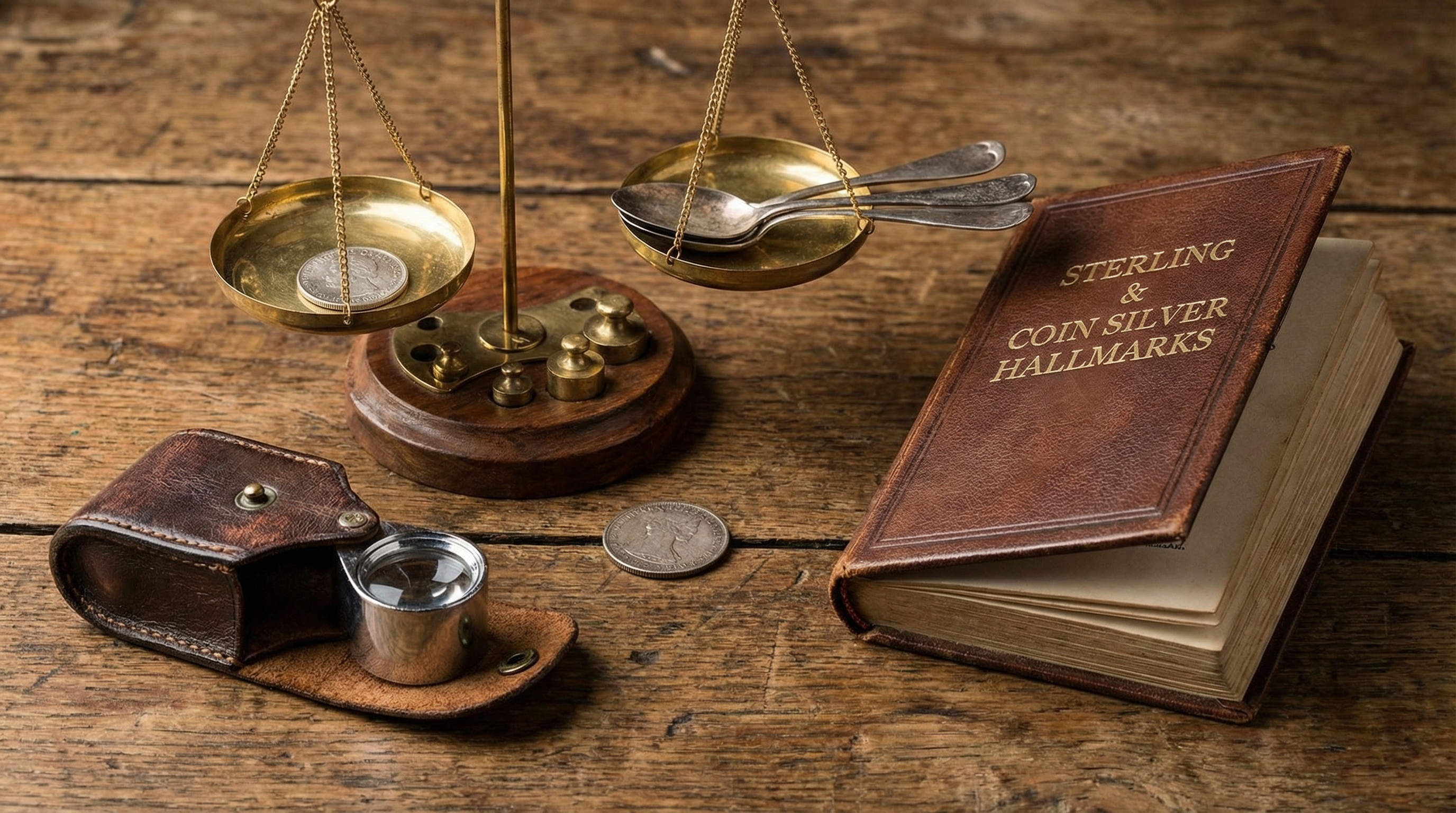 silver appraisal tools including scale, magnifying glass, and hallmark reference guide