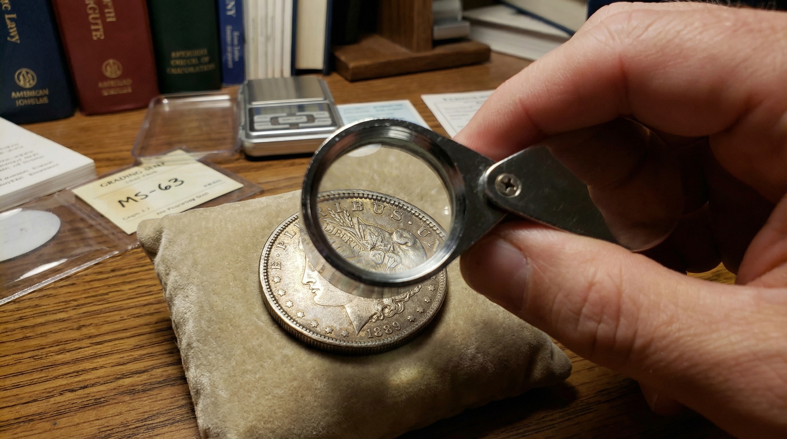coin grading with magnifying glass for numismatic evaluation
