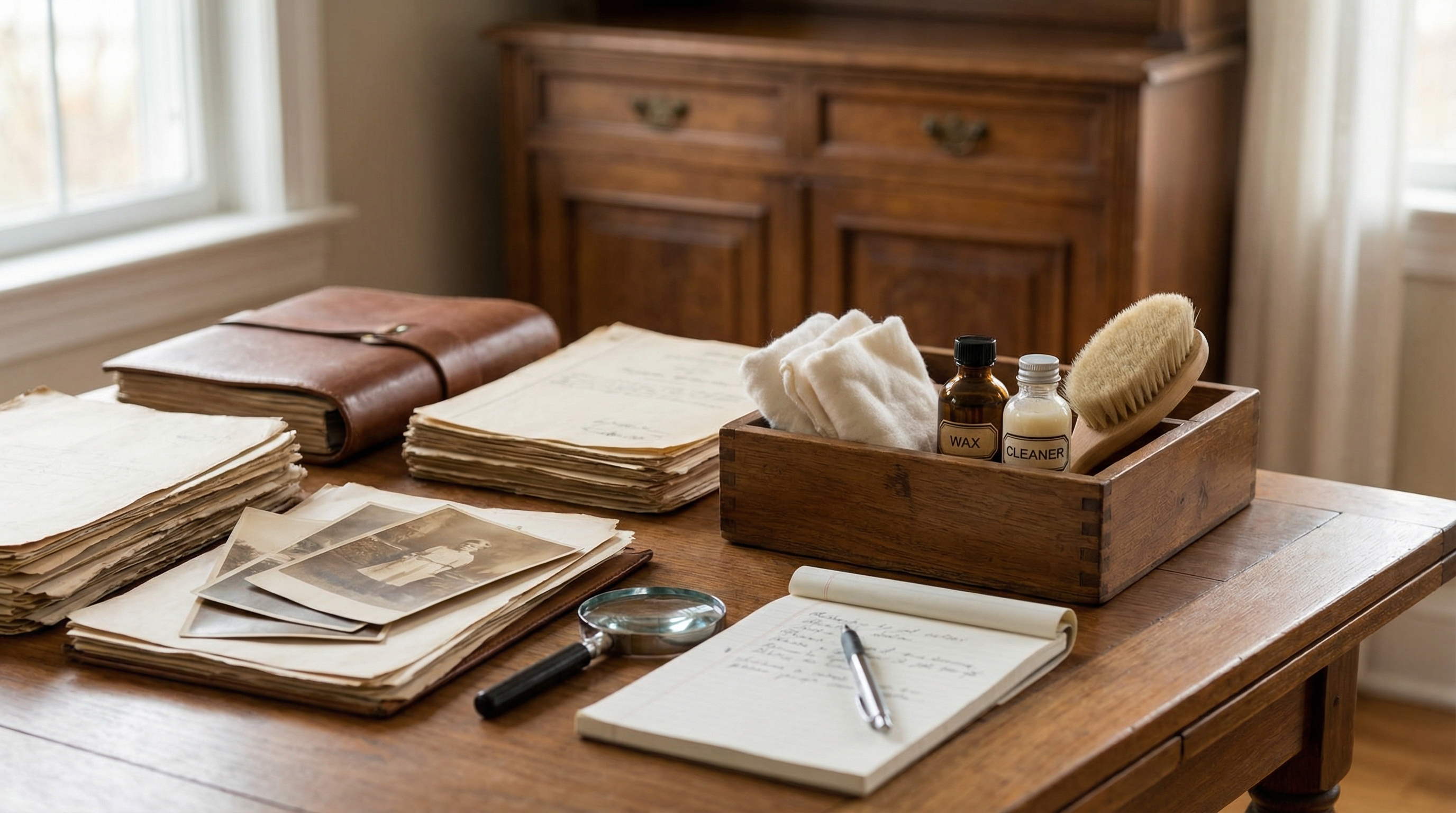 Antique furniture preparation with documentation, photos, receipts and cleaning supplies