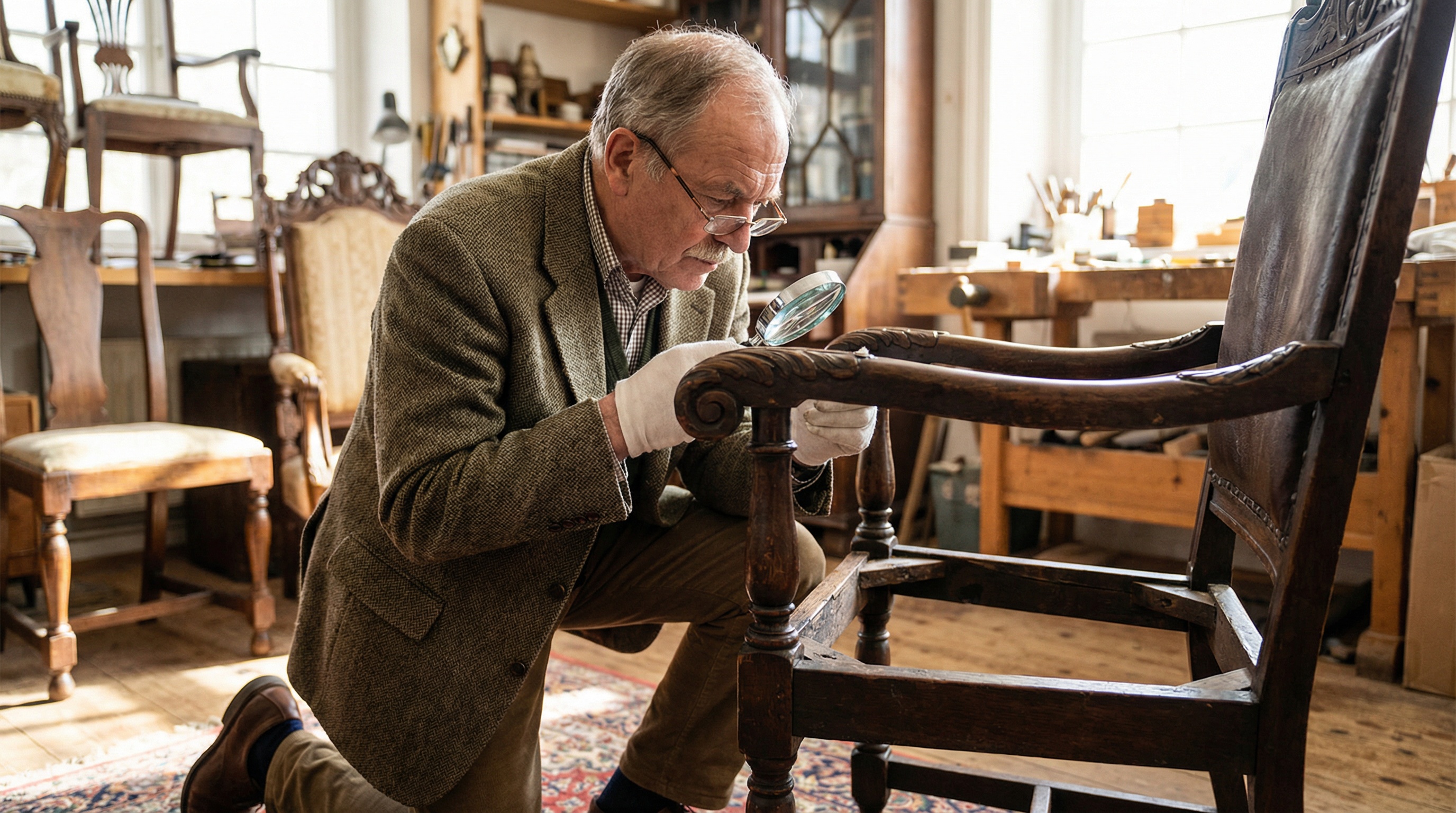 Antique furniture appraisal expert examining vintage wooden chair