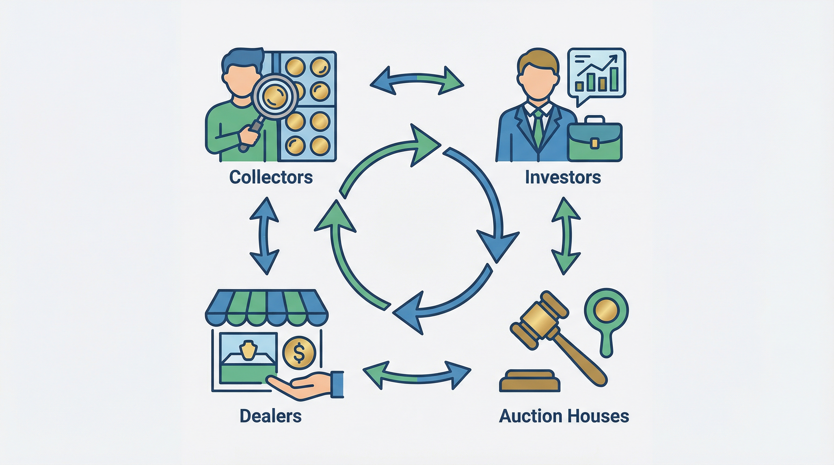 Diagram showing secondary market participants including collectors, dealers, auction houses, and investors