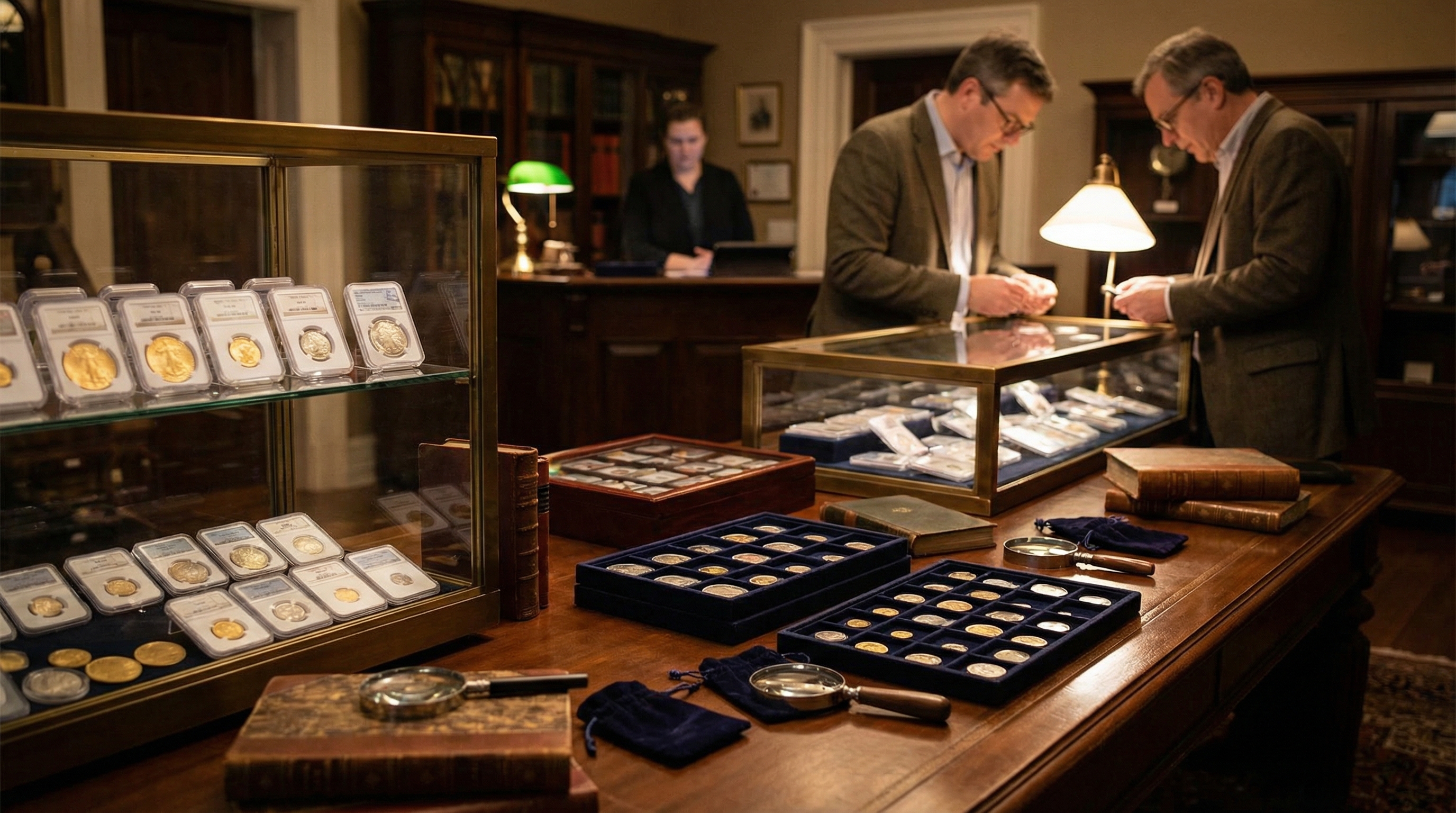 Overview of rare coins secondary market showing various collectible coins and numismatic trading