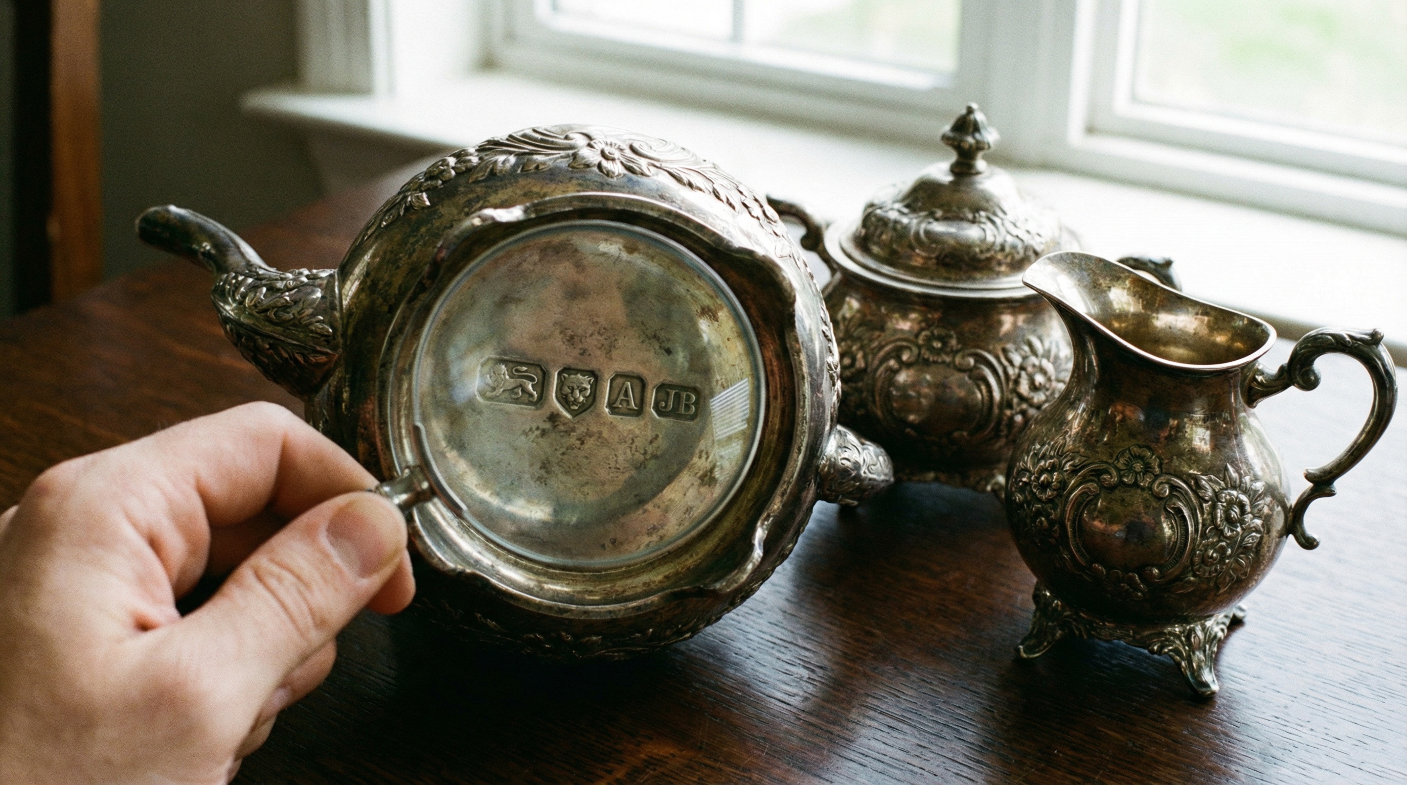 antique silver tea set with hallmarks close up