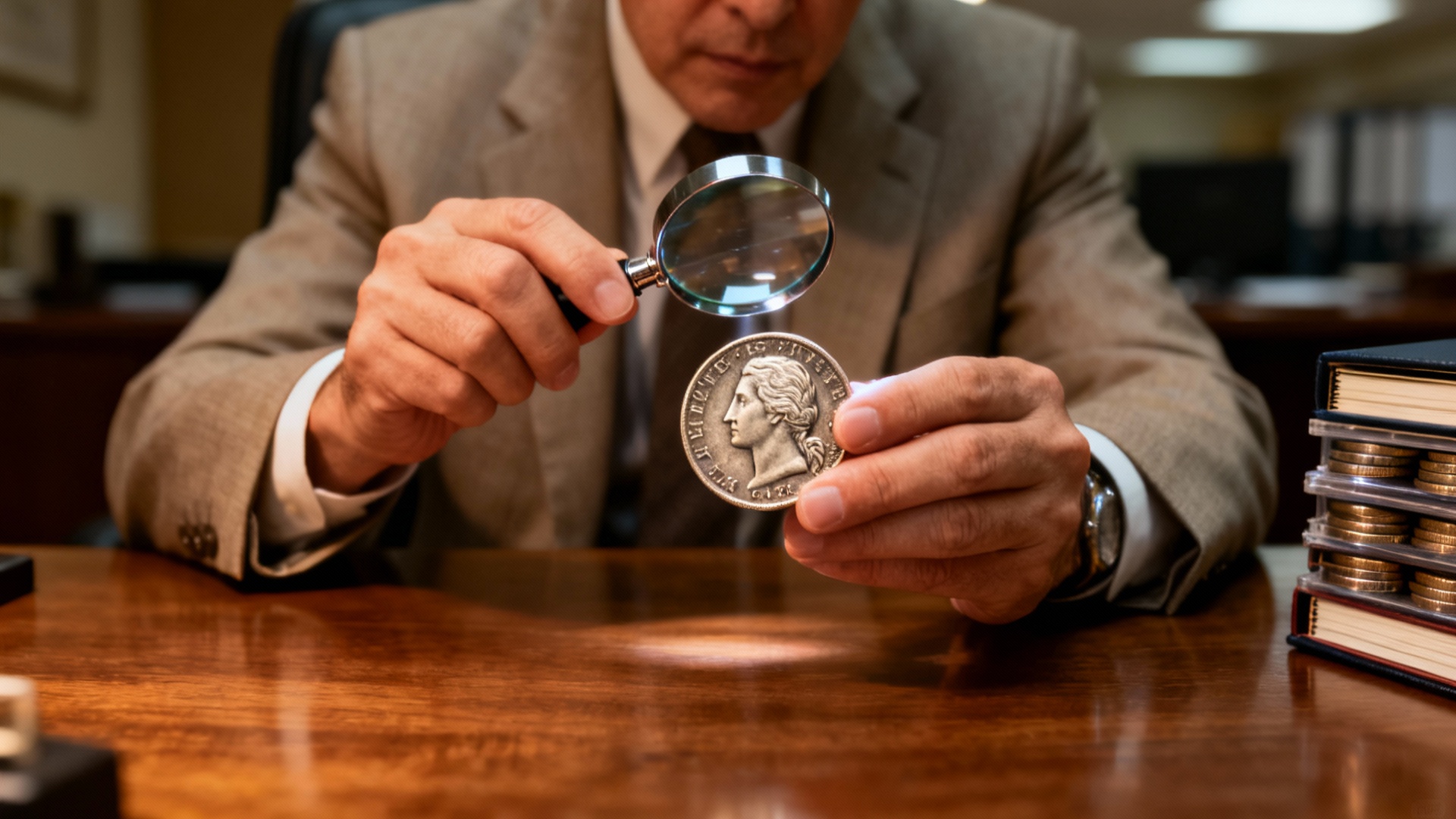 Professional coin appraiser examining rare coins with magnifying glass