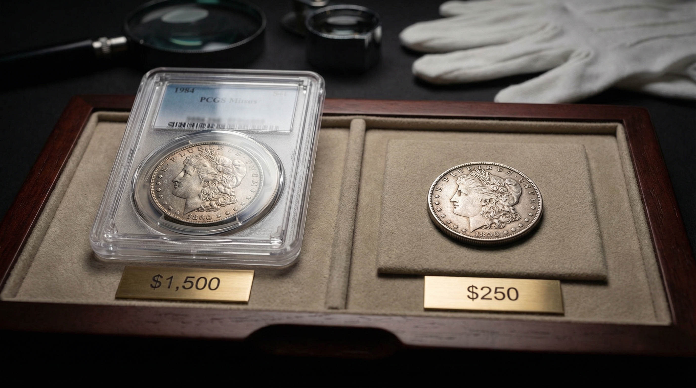 Comparison of graded vs ungraded coins showing price differences