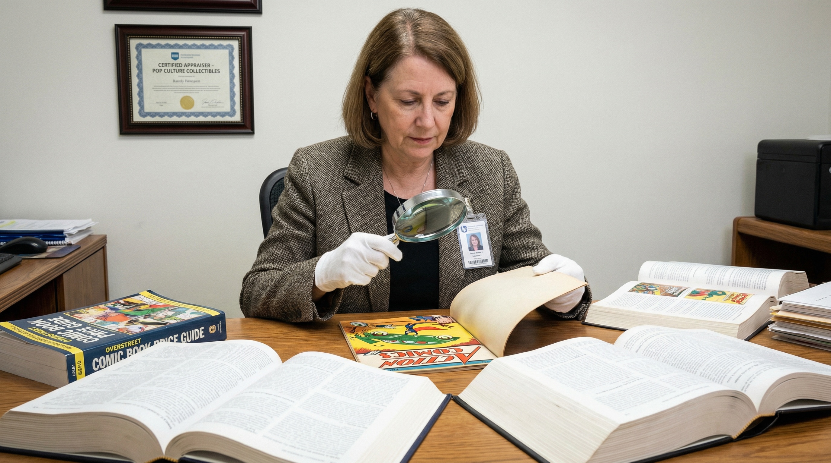 professional appraiser examining vintage comic book with magnifying glass and reference materials
