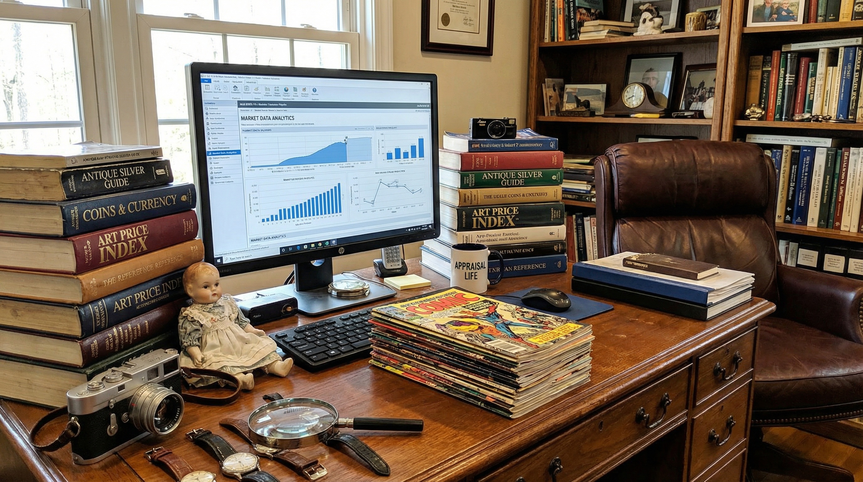 appraiser's workspace showing reference books, computer with market data, and various collectibles being evaluated