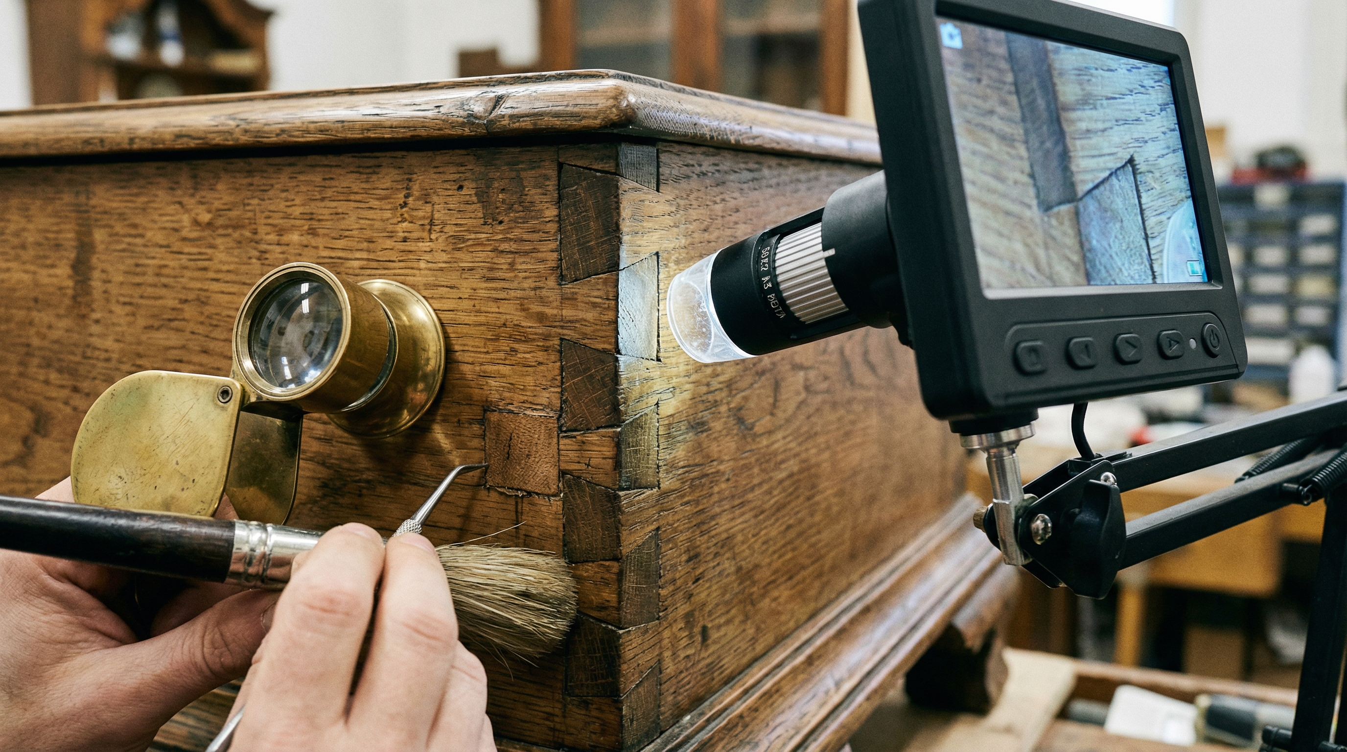 Close-up of antique furniture joinery being examined with specialized magnifying equipment