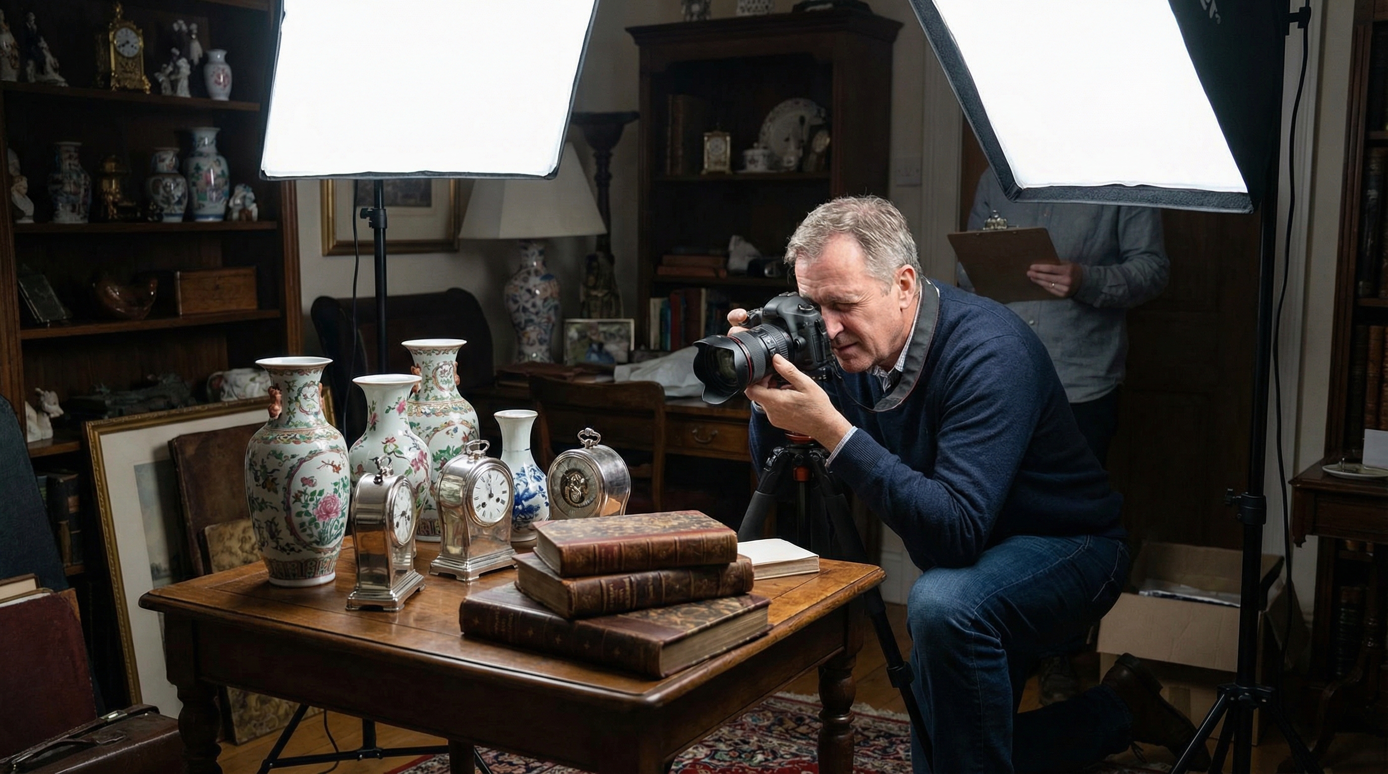 appraiser taking detailed photographs of antique items with professional lighting setup