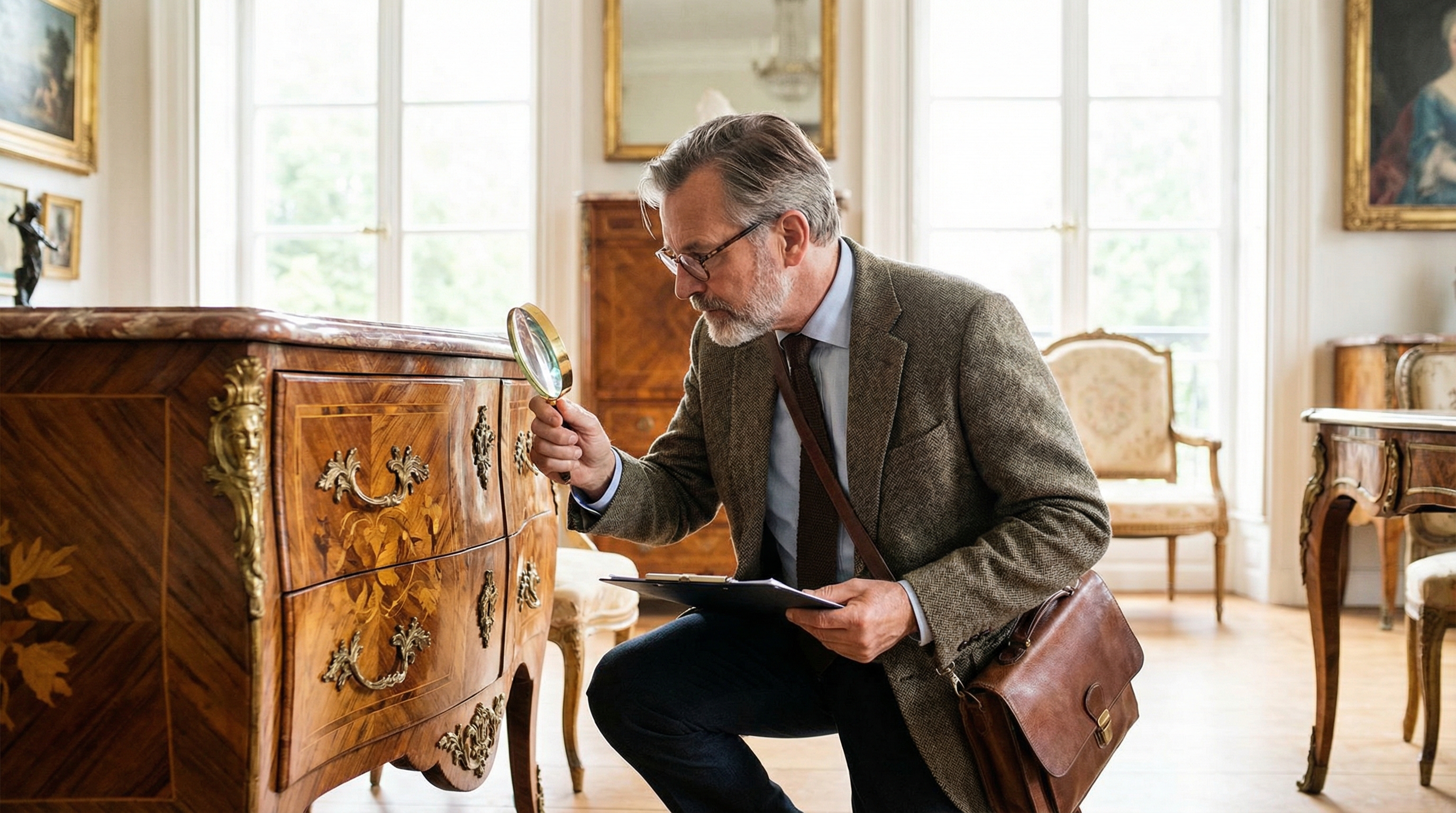 professional appraiser examining antique furniture with magnifying glass in well-lit room