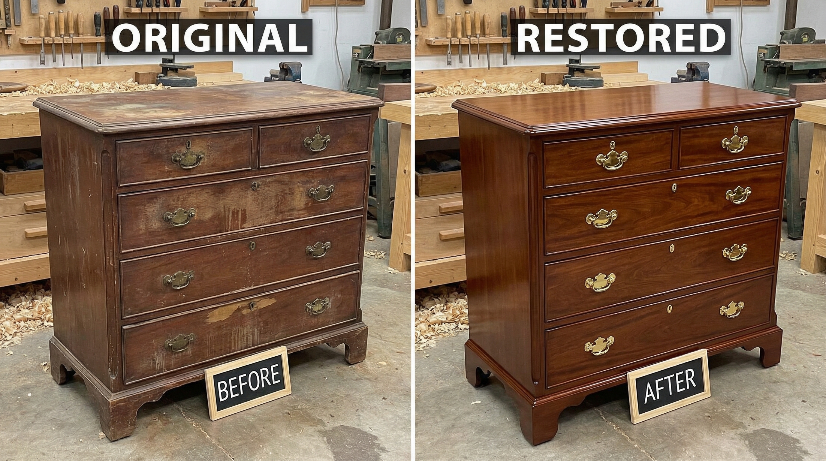 Antique furniture condition comparison showing original versus restored piece