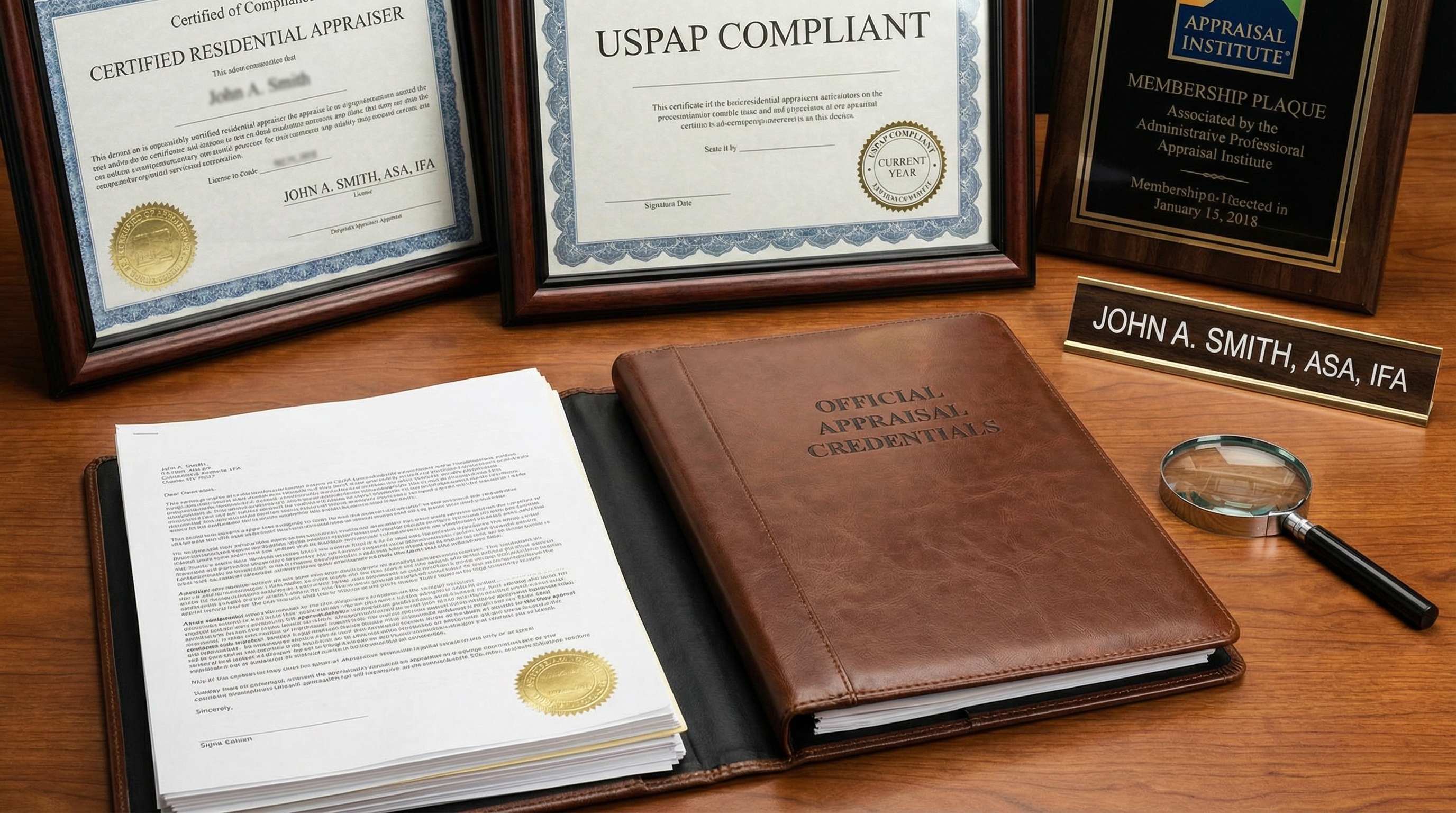 Professional appraiser credentials and certificates showing USPAP compliance