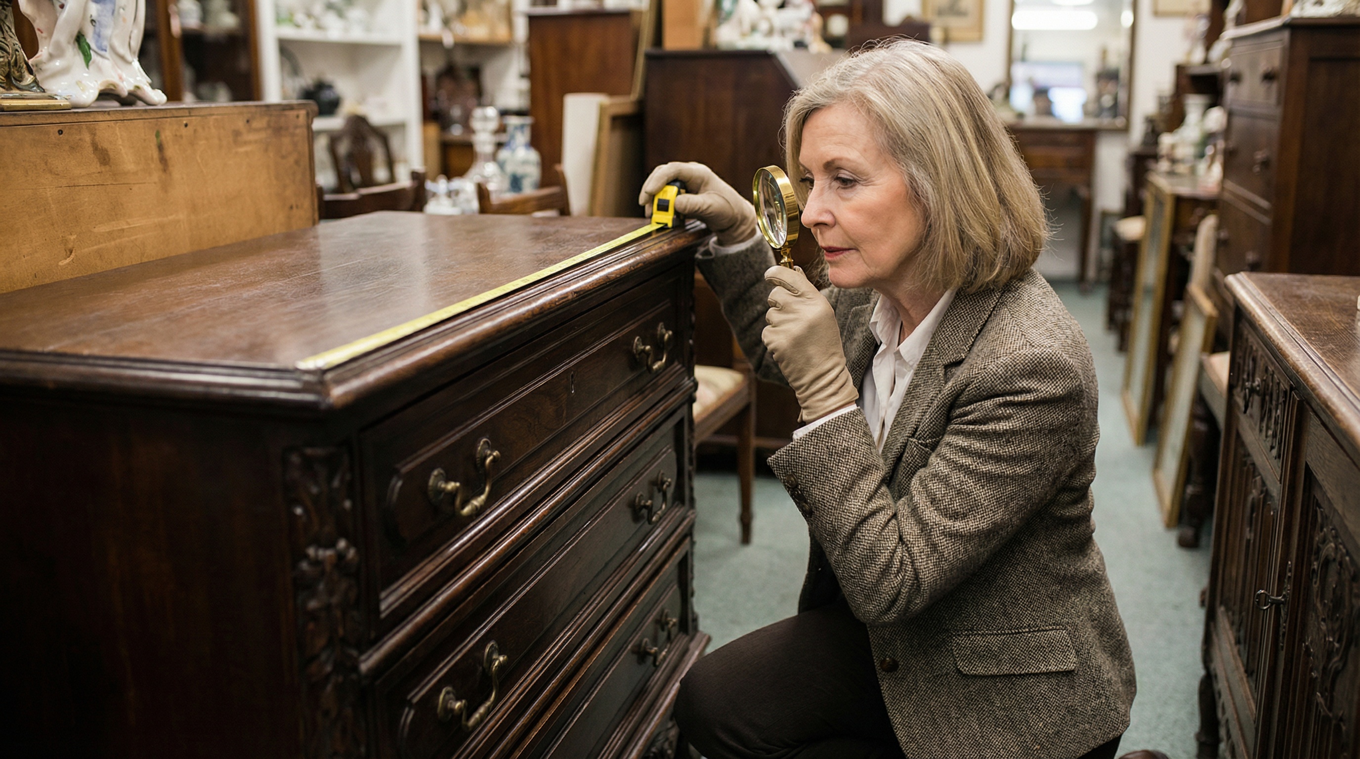 Professional appraiser examining antique items with documentation and magnifying equipment