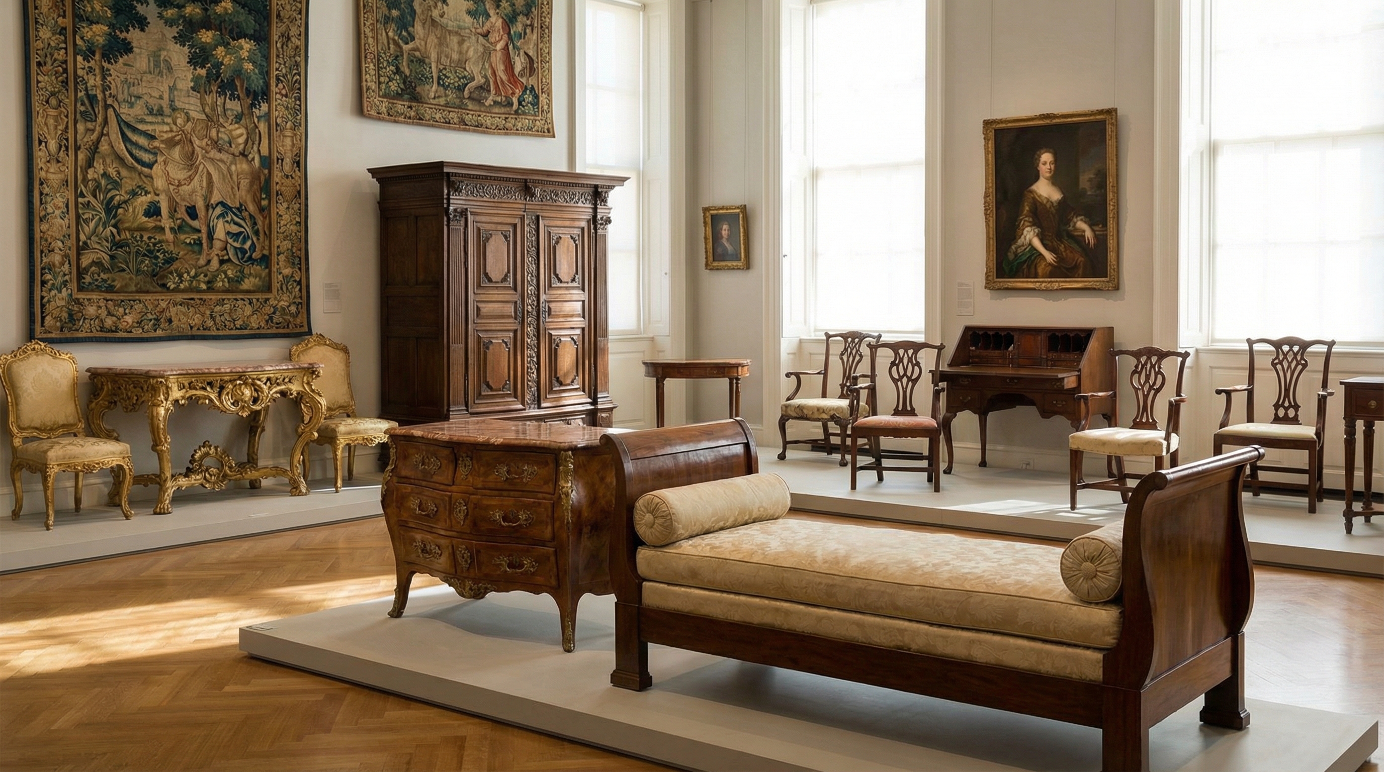 Antique furniture collection in elegant room showing various styles and periods