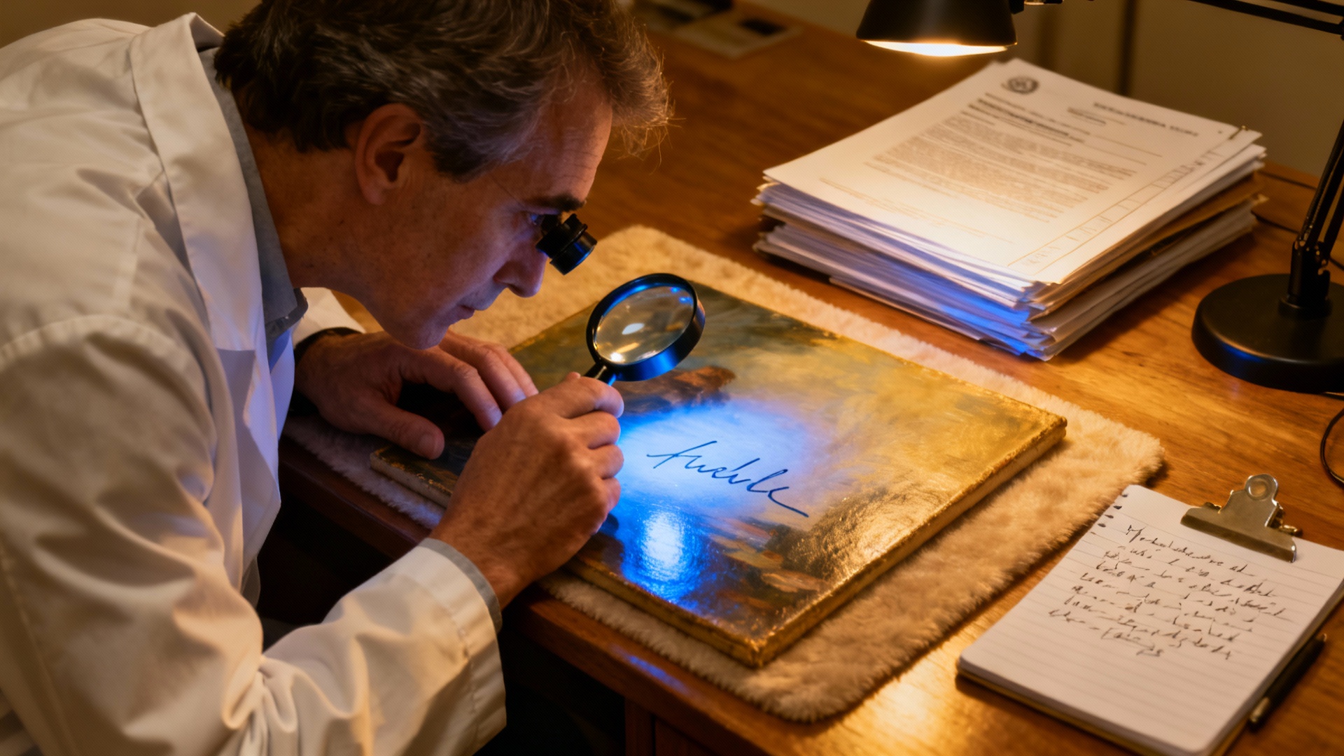 Appraiser examining artwork signature under UV light with documentation