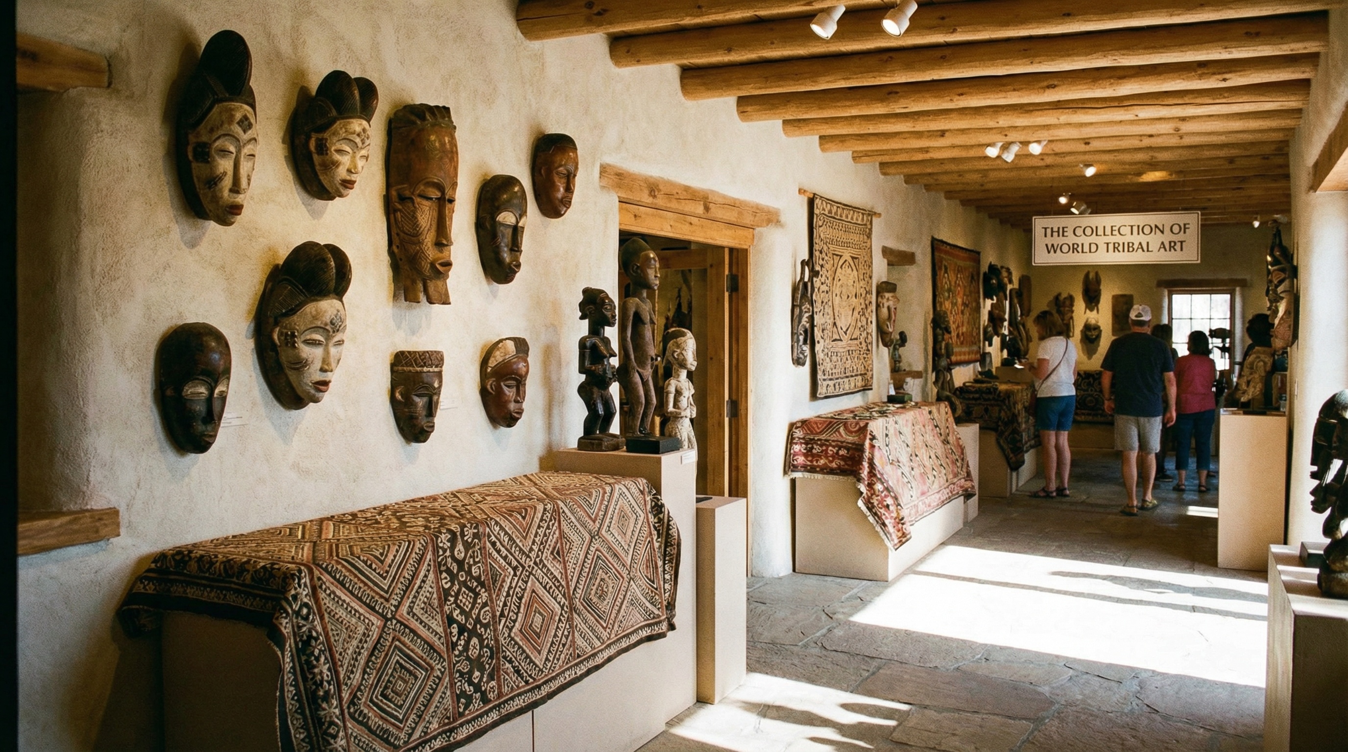 Tribal art collection with masks, sculptures, and textiles on display