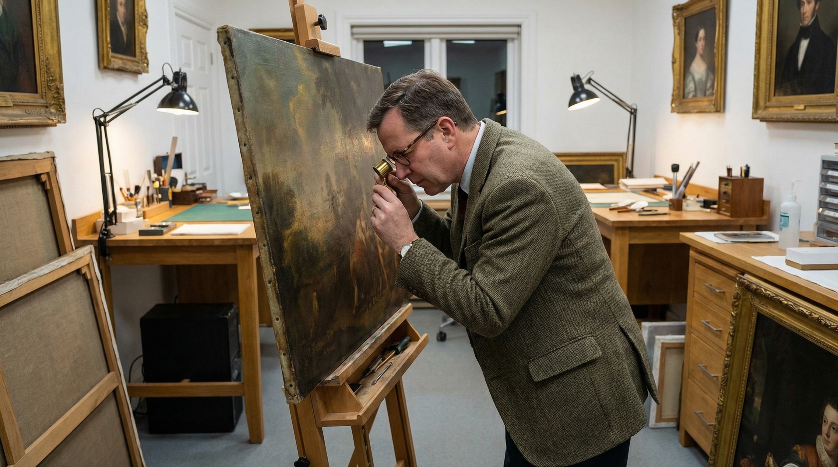 Professional appraiser examining antique painting with magnifying glass
