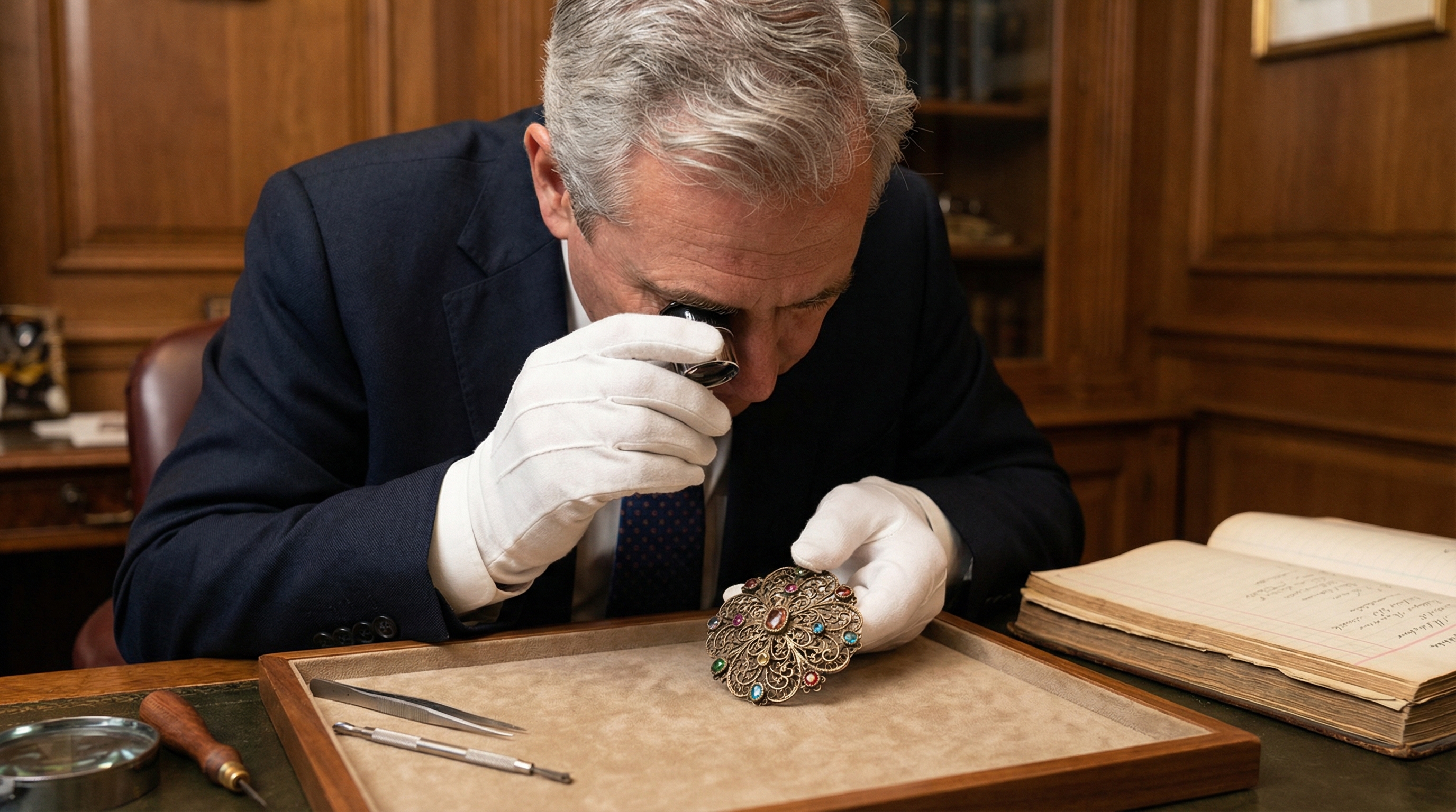 Jewelry appraiser examining antique piece with loupe