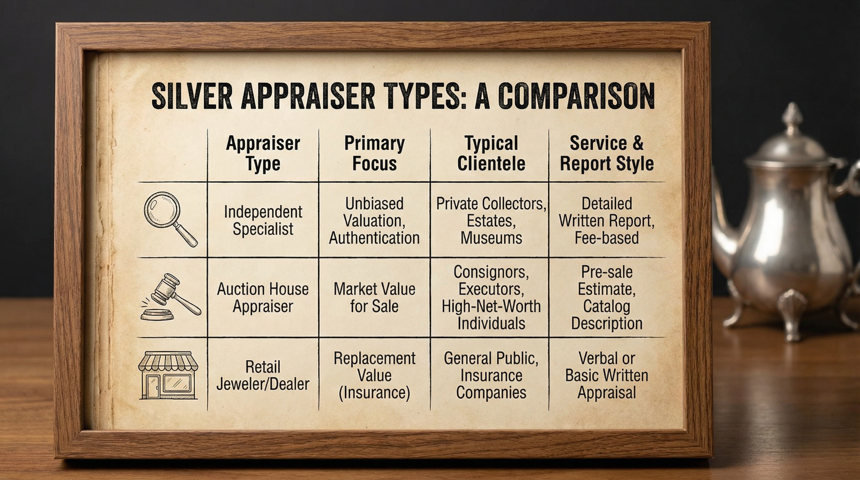 comparison chart showing different silver appraiser types