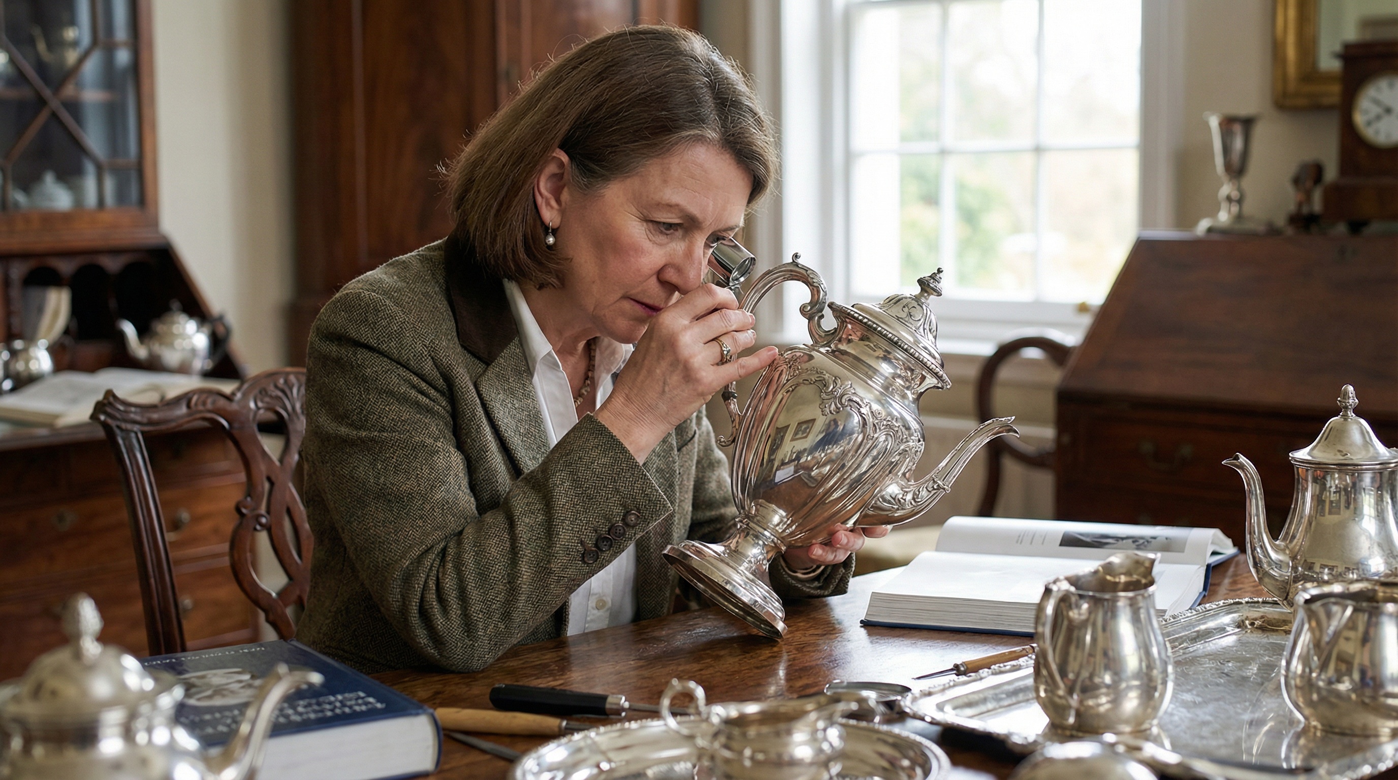 professional appraiser examining antique silver with magnifying glass