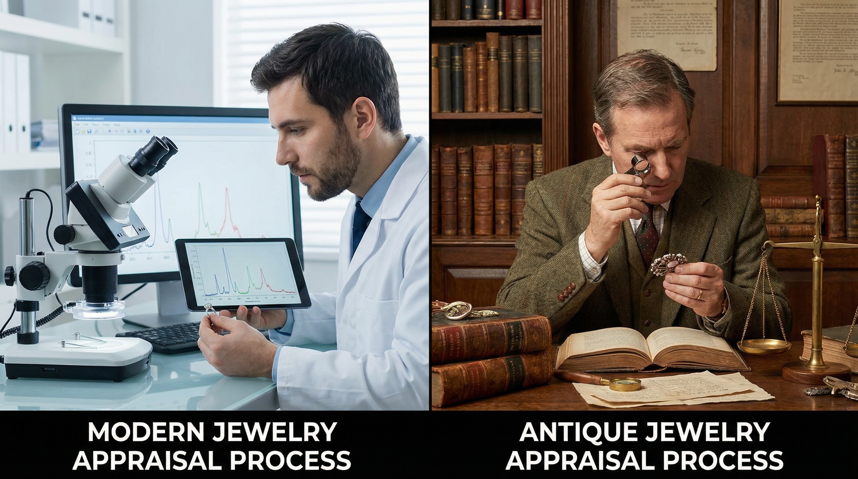 Comparison of modern vs antique jewelry appraisal process