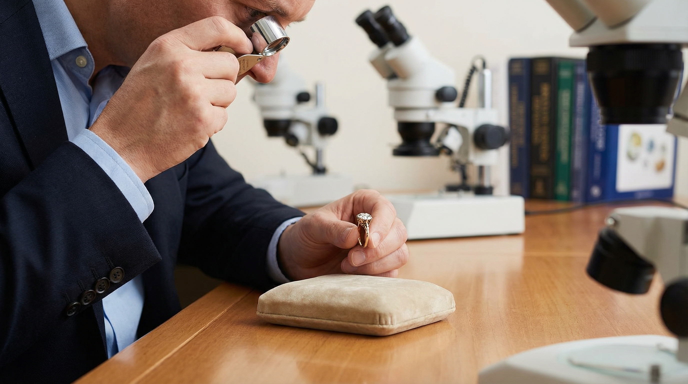 Antique jewelry appraiser examining vintage ring with loupe