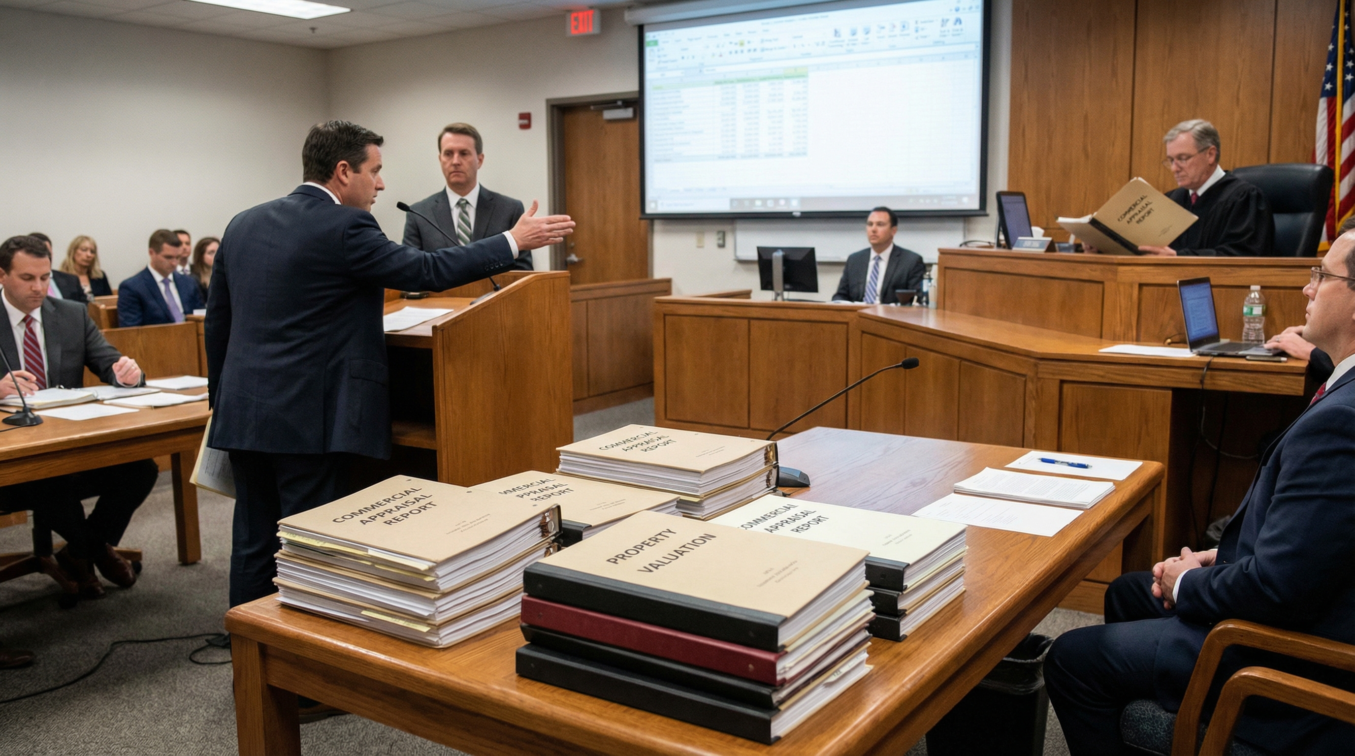 courtroom scene with appraisal documents as evidence