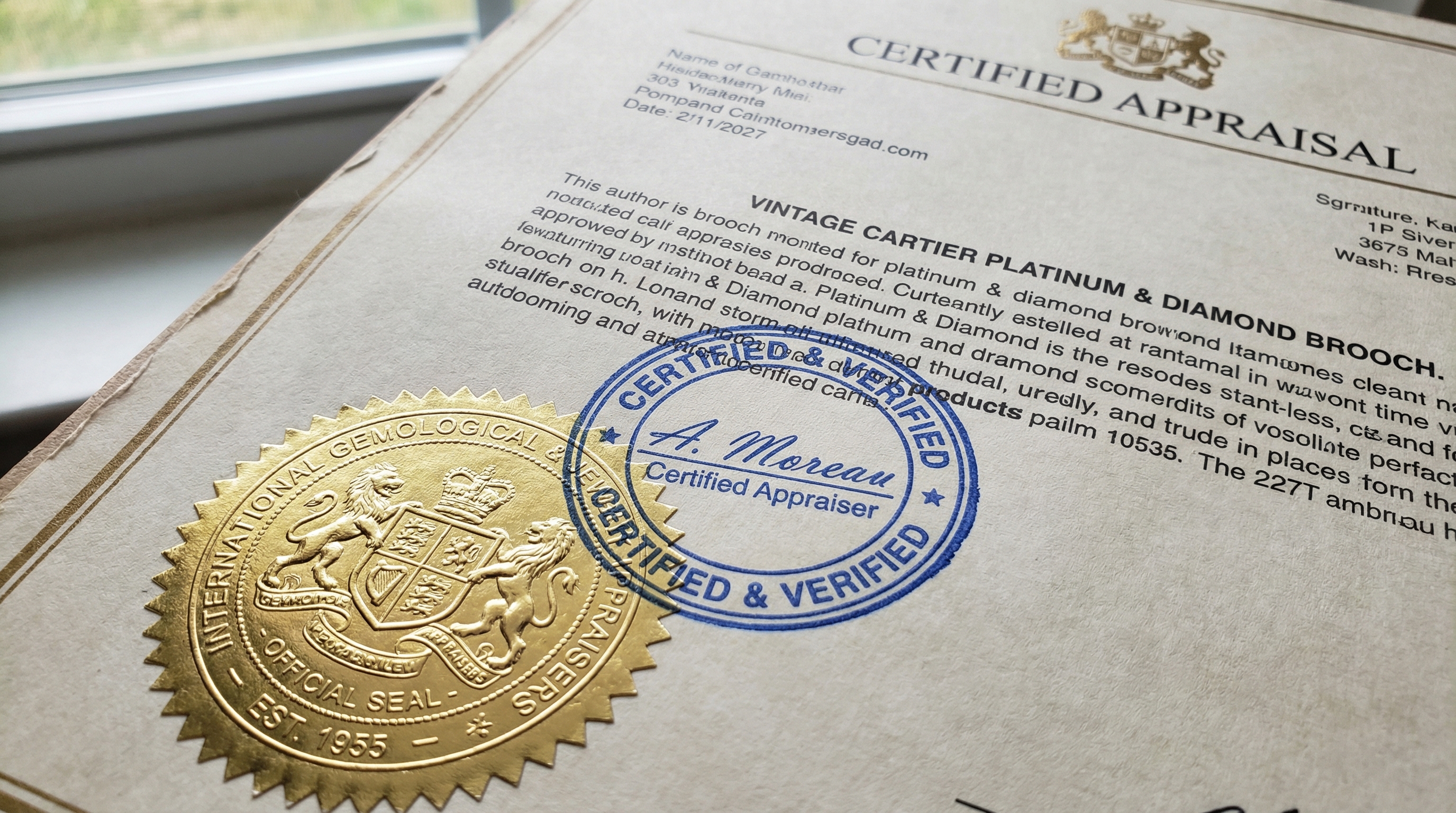 close-up of certified appraisal document with official seal