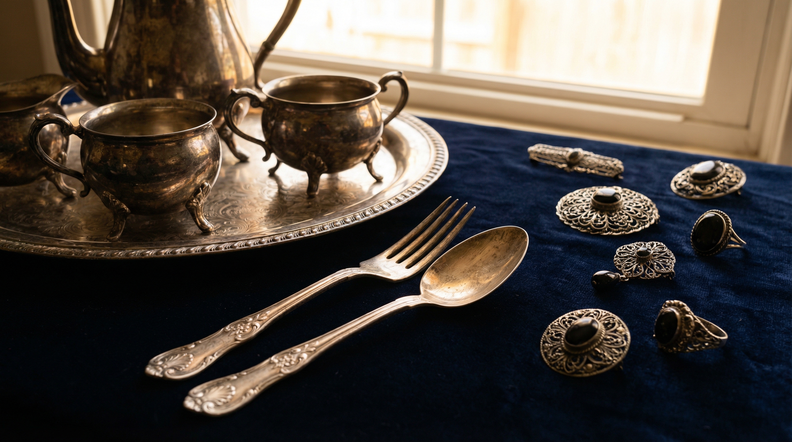 Antique silver collection including flatware, teapot, and candlesticks