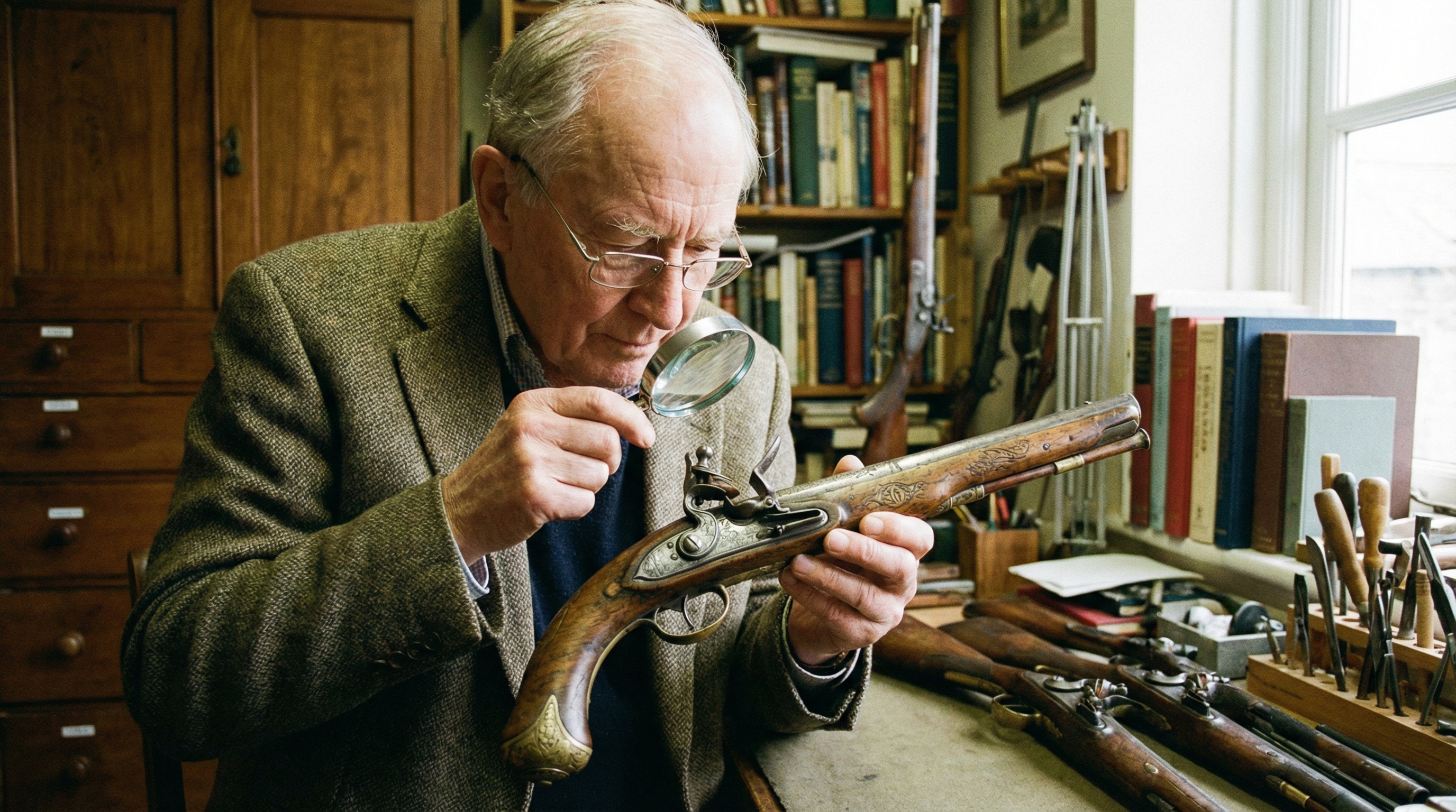 Professional appraiser examining antique firearm