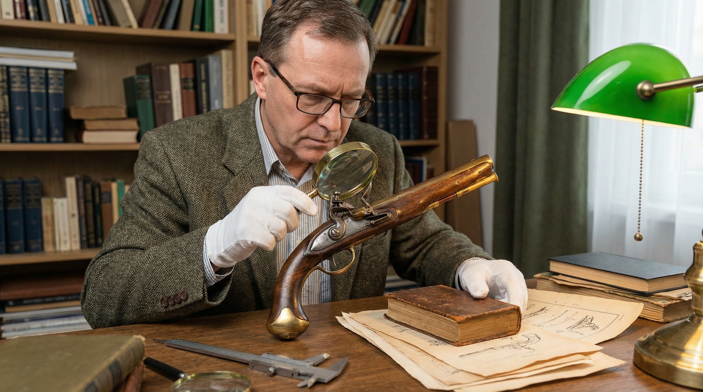 Professional Appraiser Examining Antique Gun With Magnifying Glass Documentation