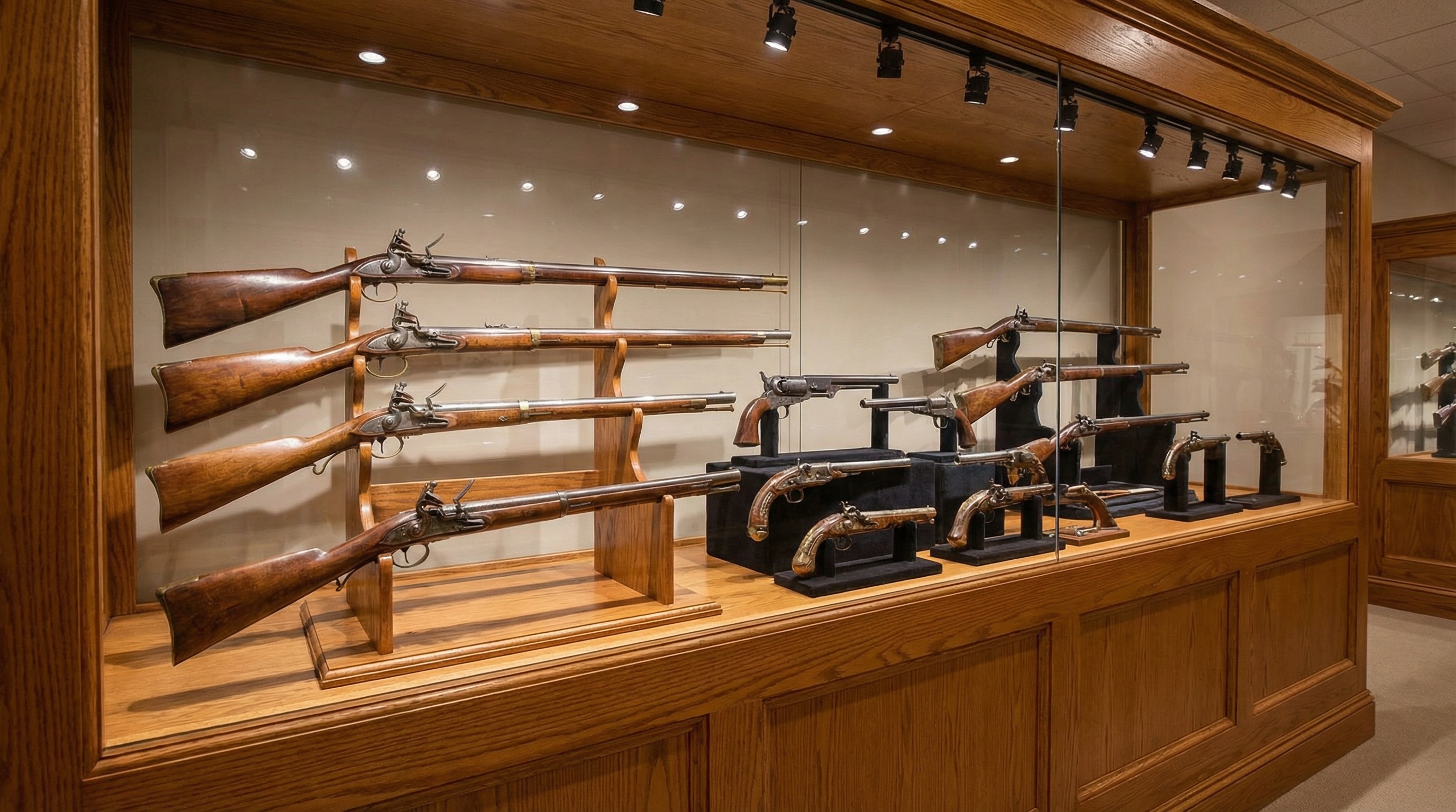 Antique firearms collection display showing various historical guns