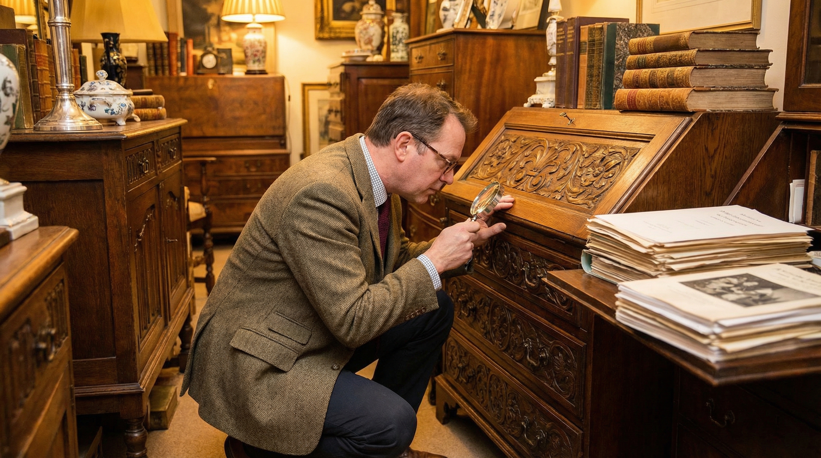 Professional appraiser examining antique furniture with magnifying glass in elegant estate setting