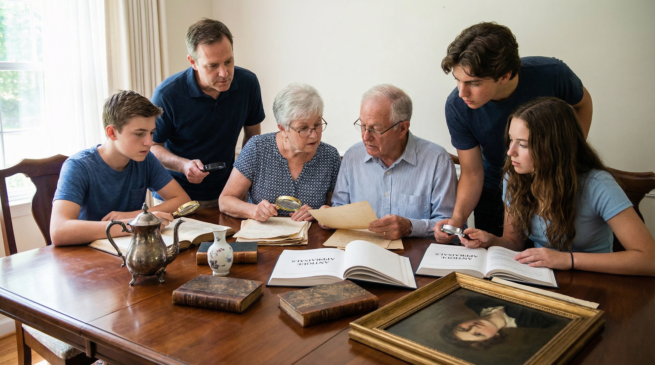 Family meeting around table with antique appraisal documents and valuable heirlooms displayed