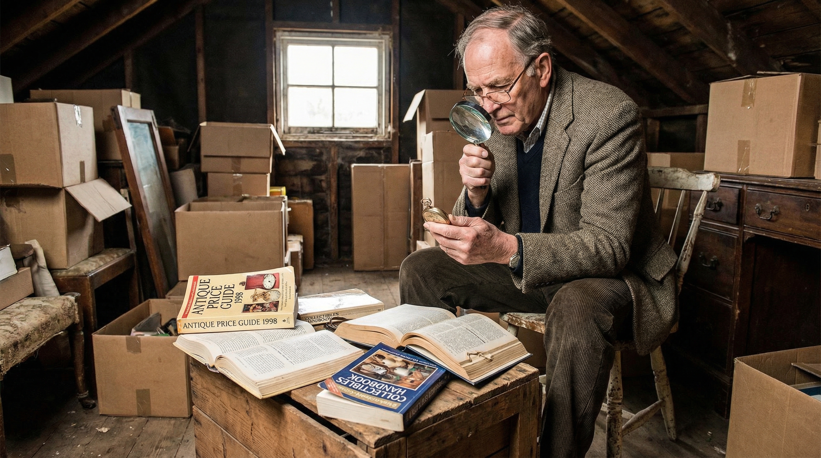 Person examining vintage collectibles in attic with magnifying glass and price guide books