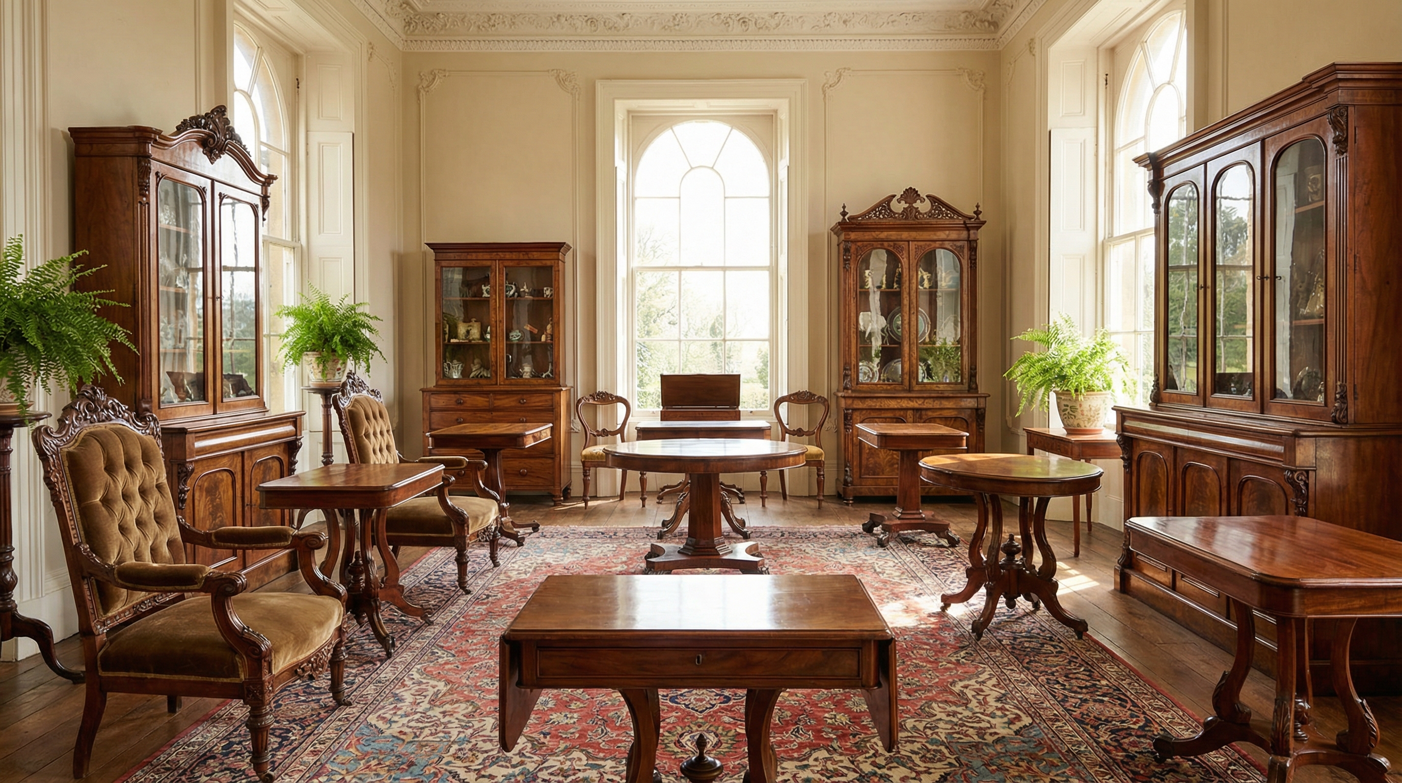 Elegant display of various antique furniture pieces including Victorian chairs, wooden tables, and vintage cabinets