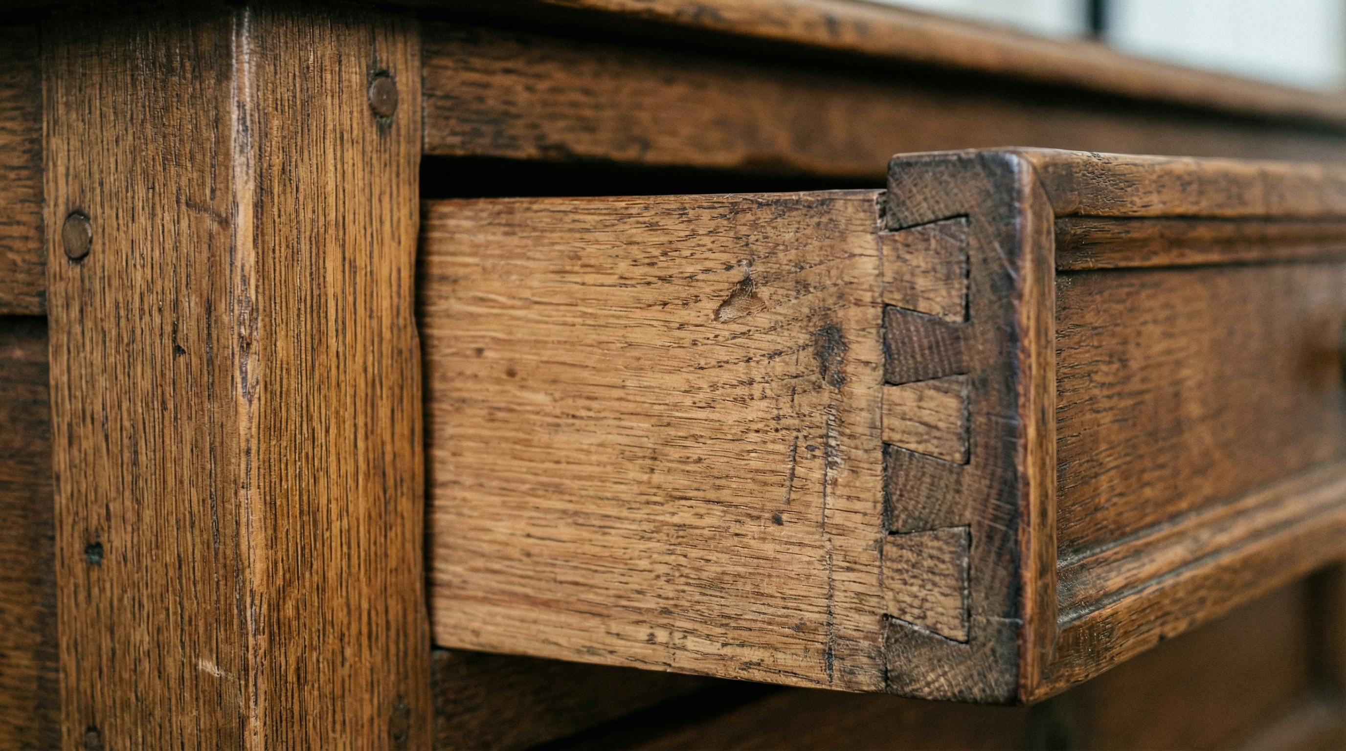 Close-up photograph of antique furniture joinery showing hand-cut dovetails and mortise-and-tenon joints