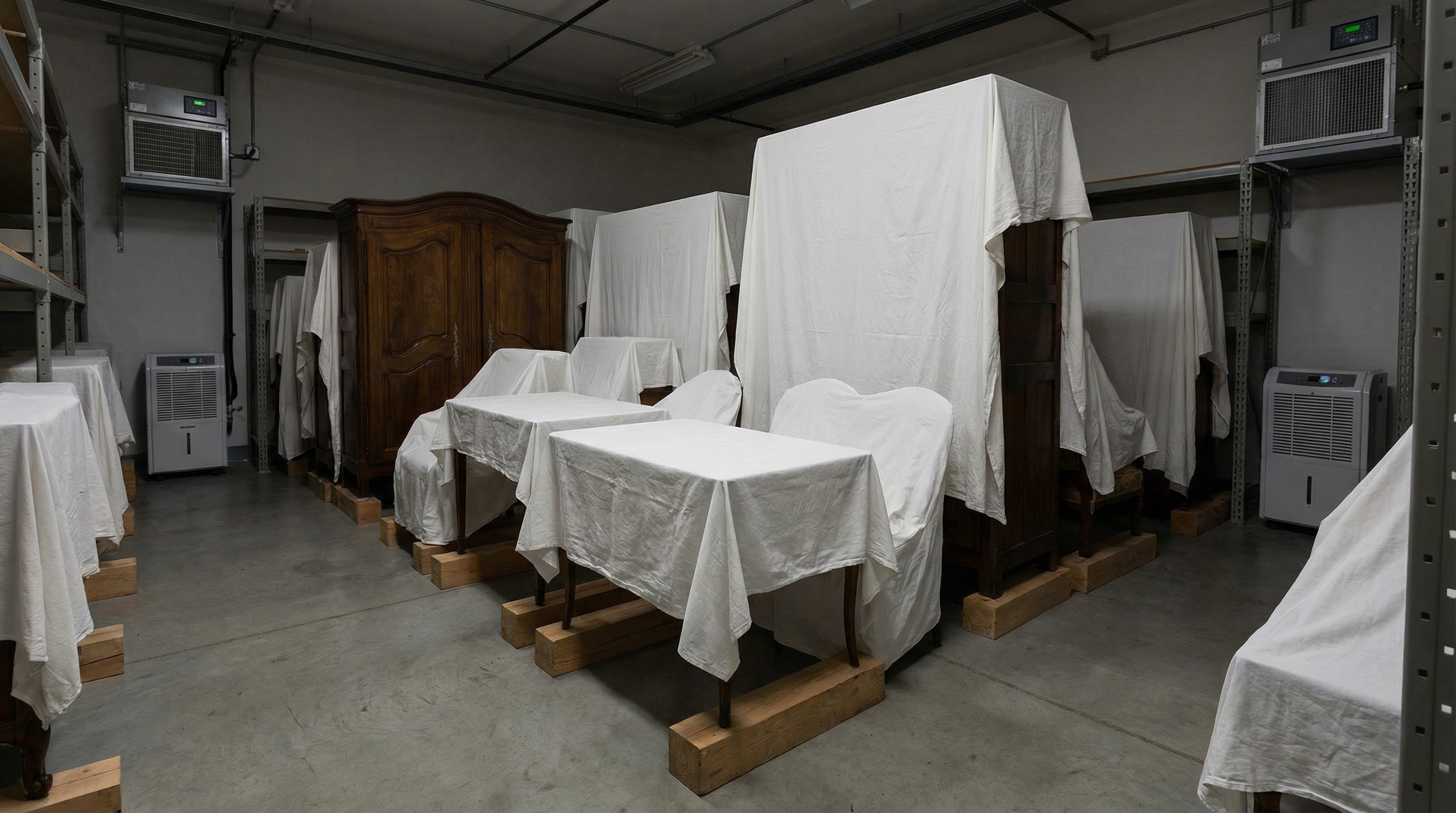 Organized storage area with antique furniture covered with cotton dust covers and elevated on wooden blocks