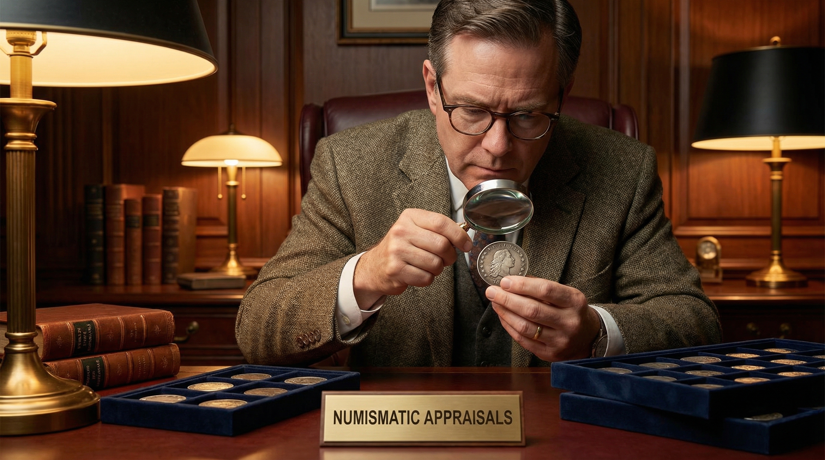 Professional appraiser examining rare coin with magnifying glass