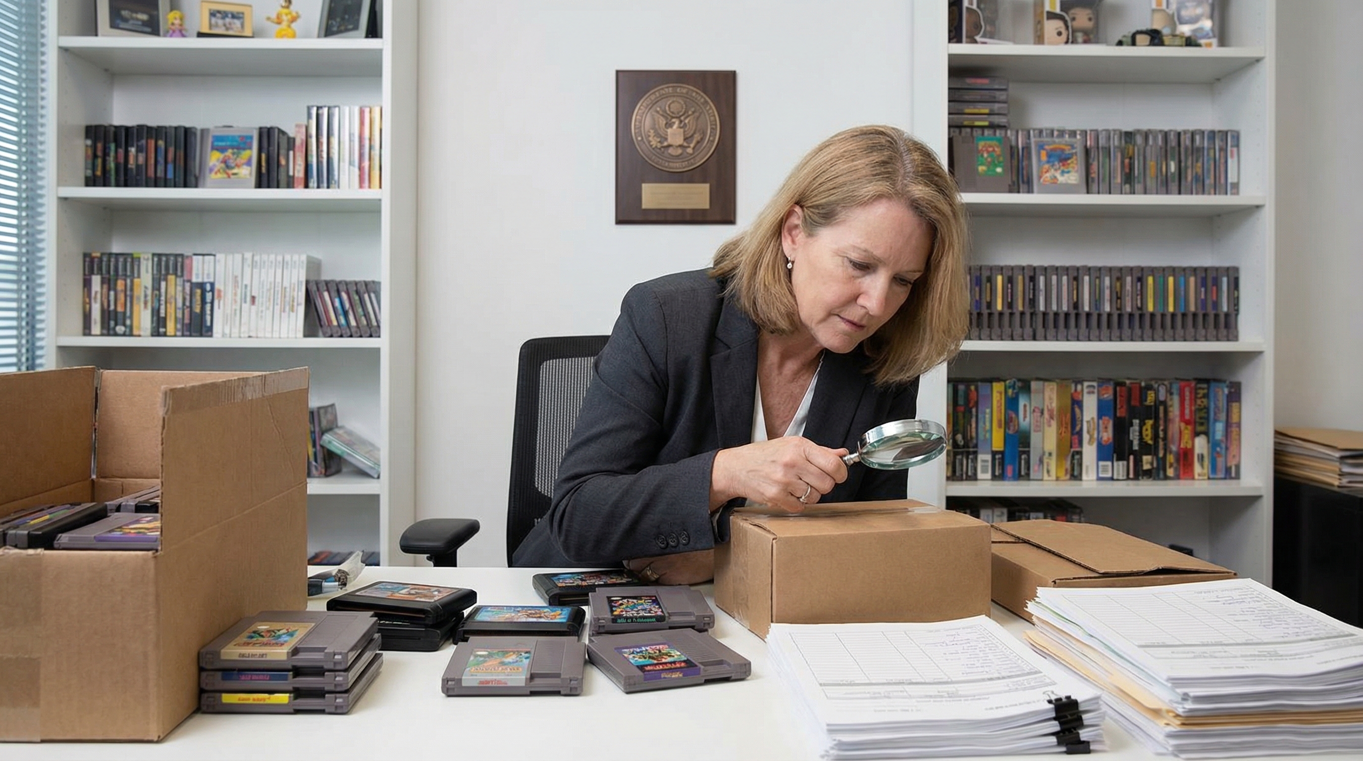 Certified appraiser examining video games with documentation