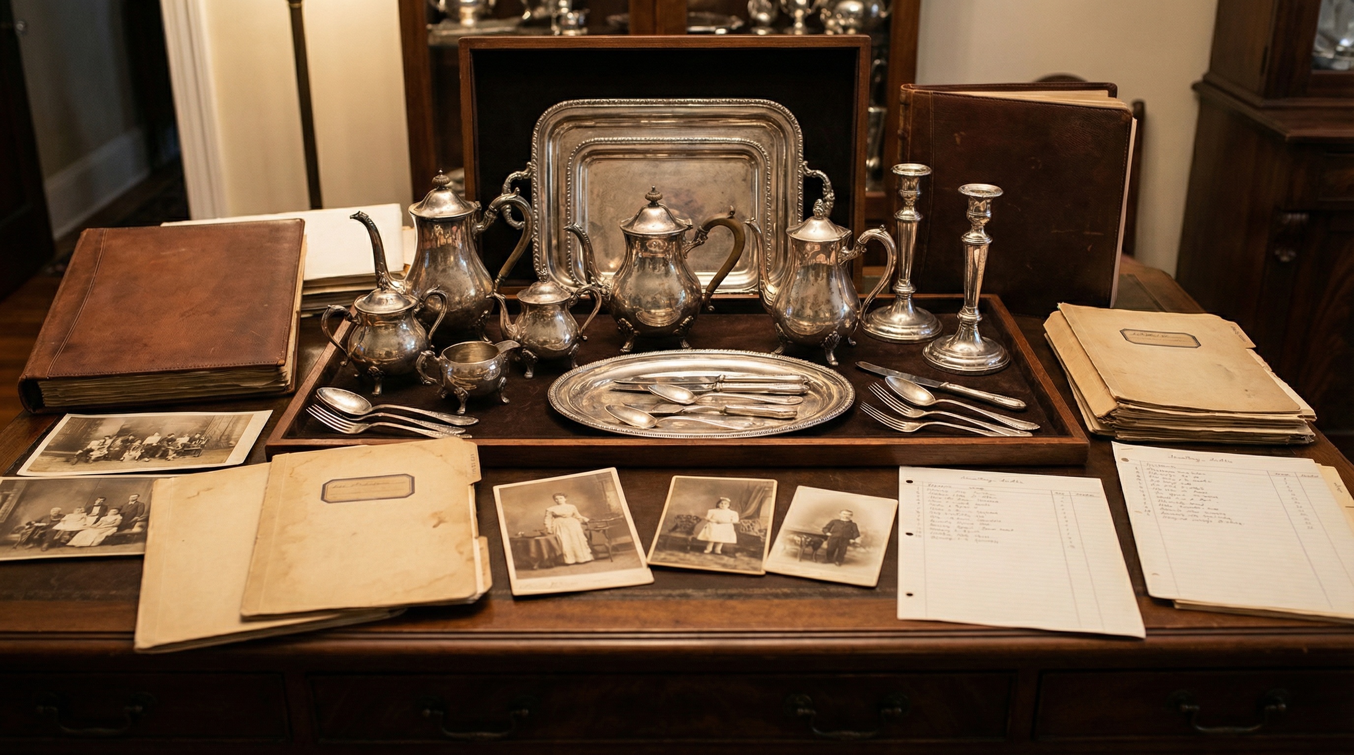 Organized antique silver collection with documentation and photos