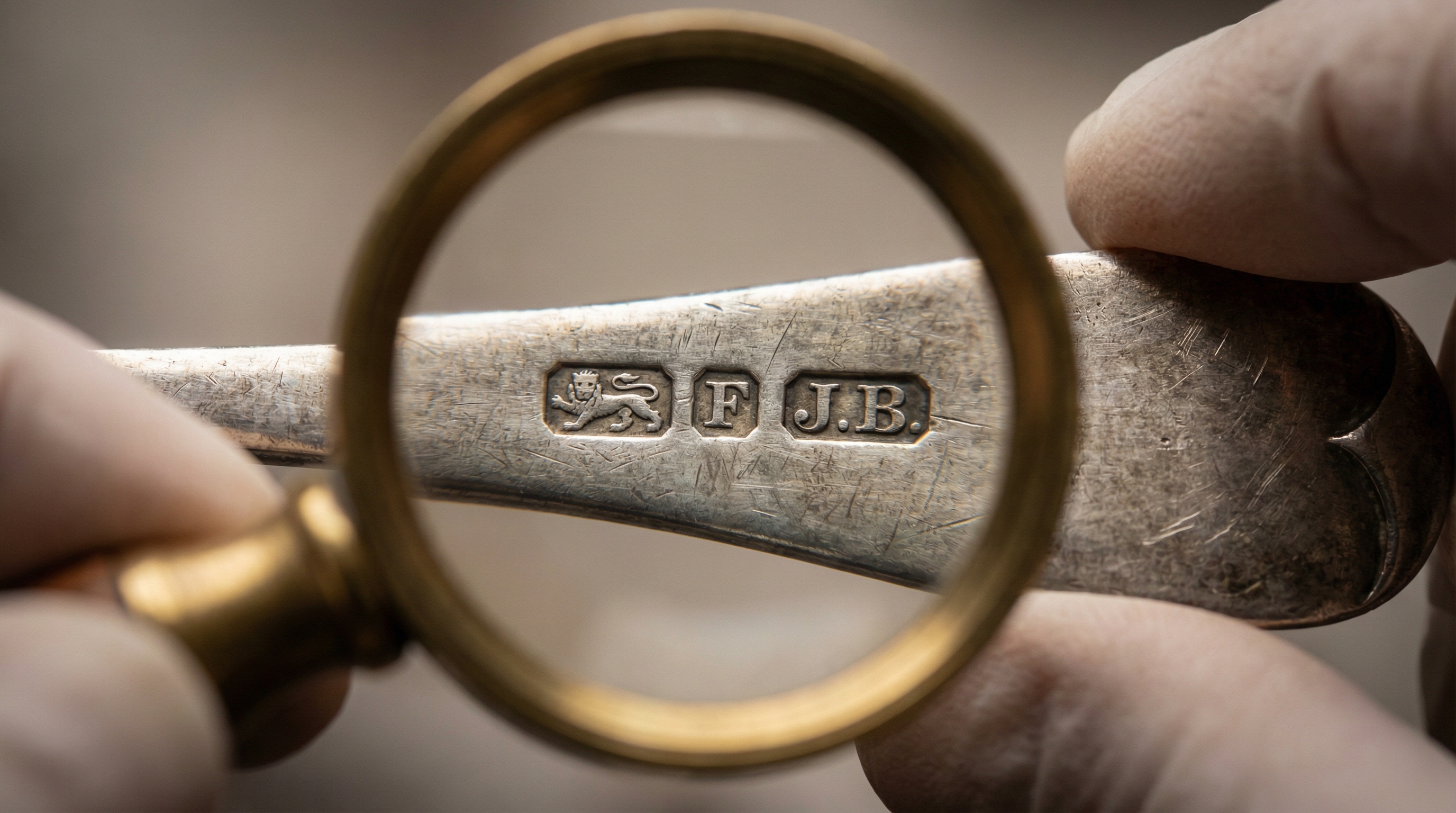 Close up of silver hallmarks and makers marks with magnifying glass