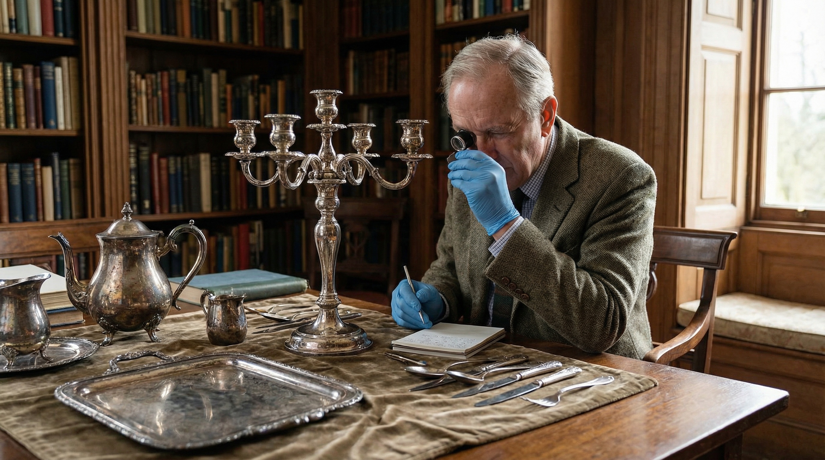 Antique silver pieces being examined by professional appraiser