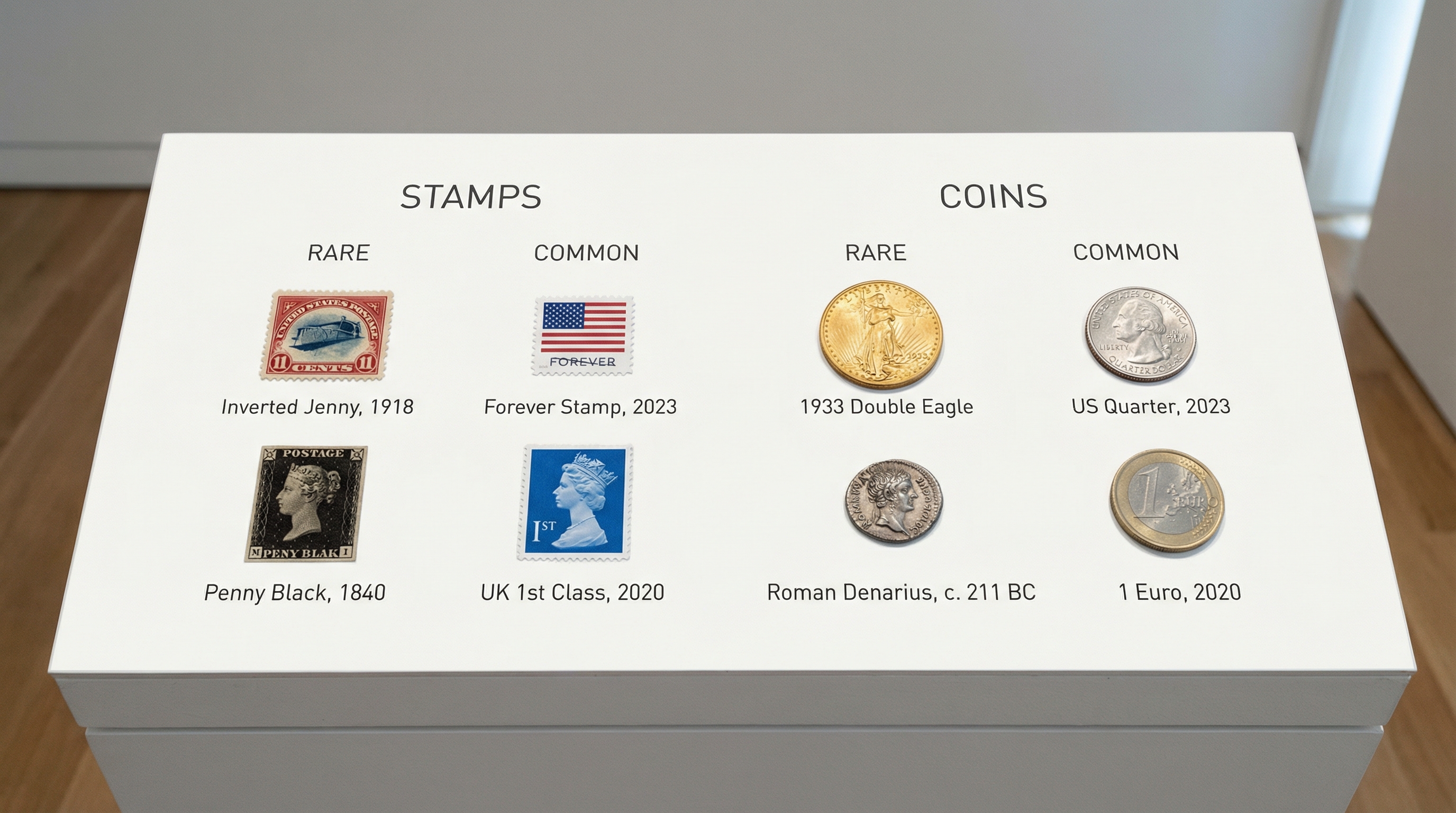 Comparison chart showing rare versus common stamps and coins