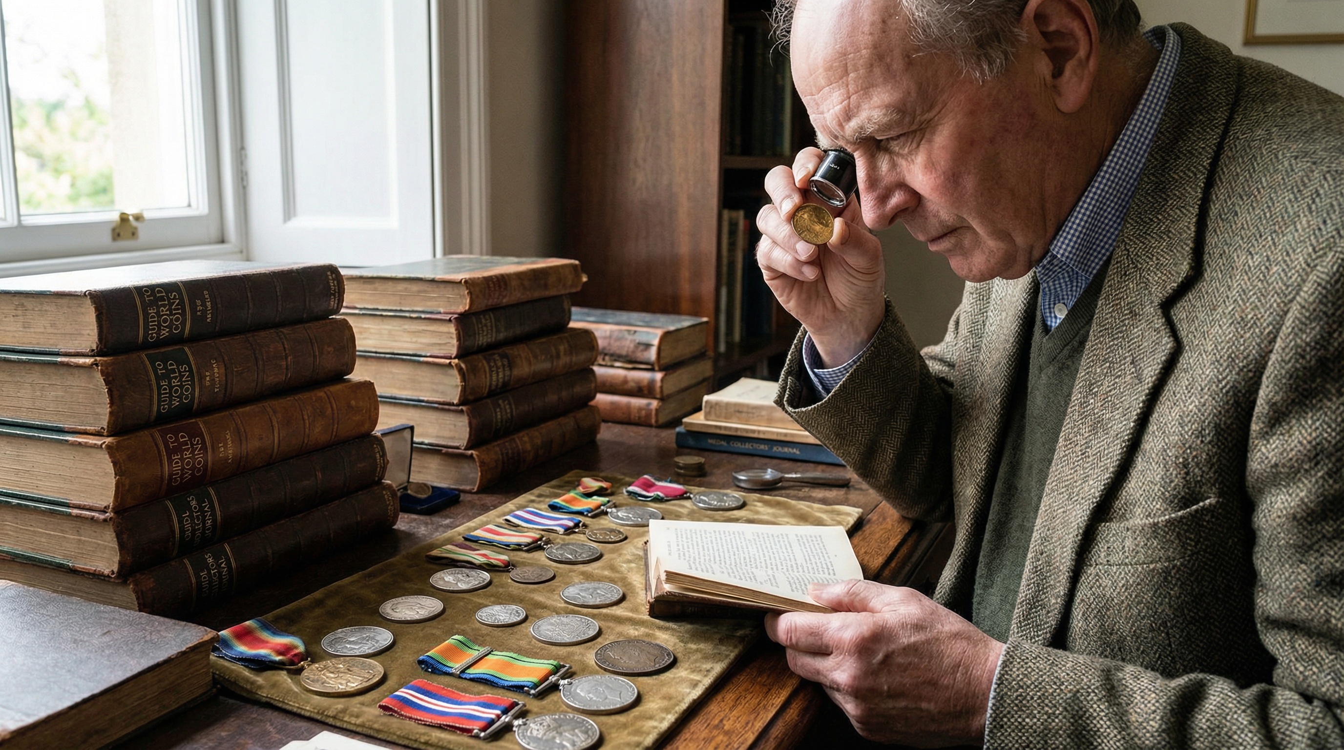 historic coins and medals being examined by an appraiser with magnifying glass and reference books