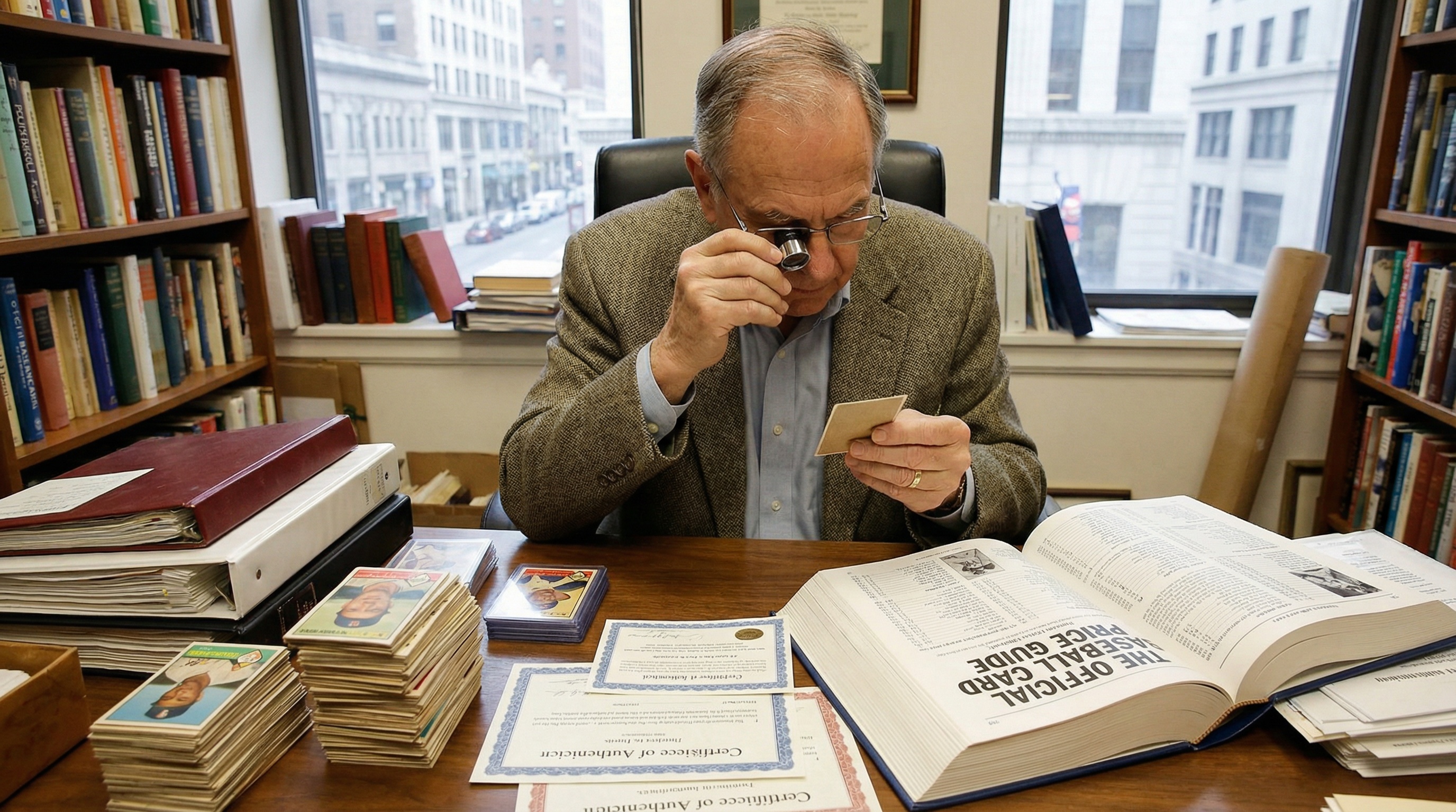 professional appraiser examining vintage baseball cards with magnifying glass and documentation