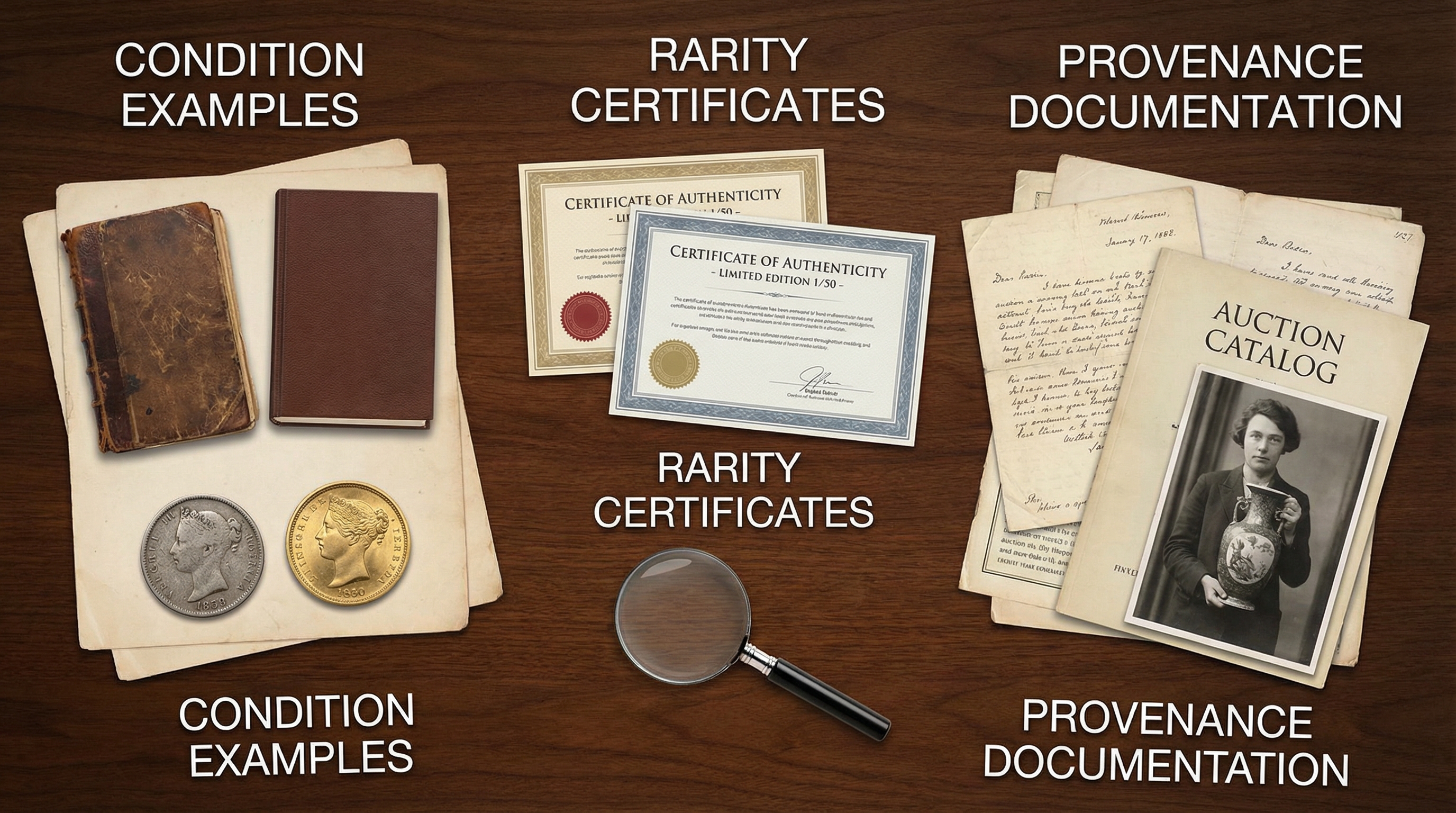 collection of factors affecting value - condition examples, rarity certificates, and provenance documentation
