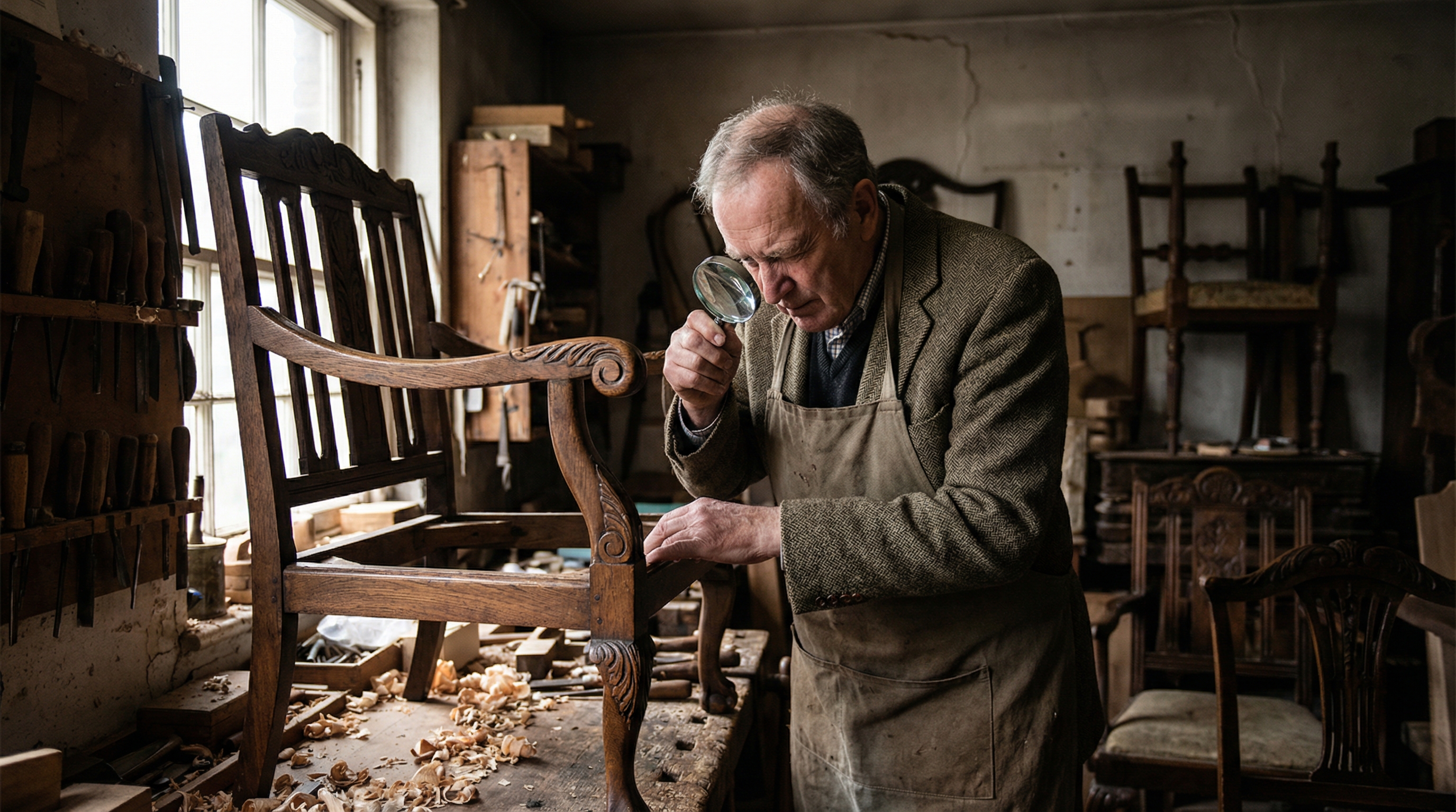 Antique appraiser examining vintage furniture with magnifying glass